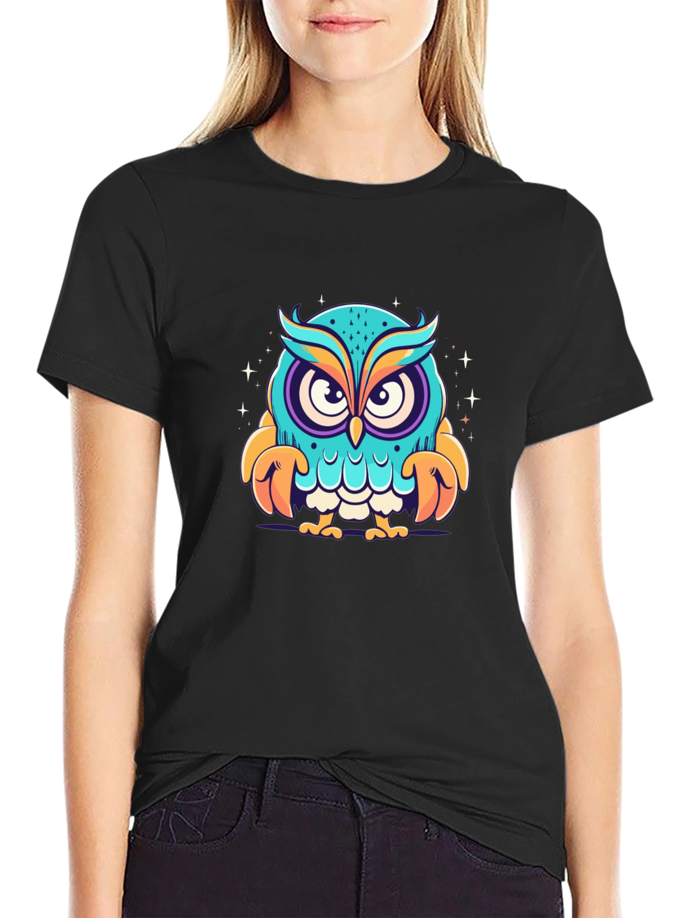 Black Cartoon Owl Graphic Black T-Shirt view 2