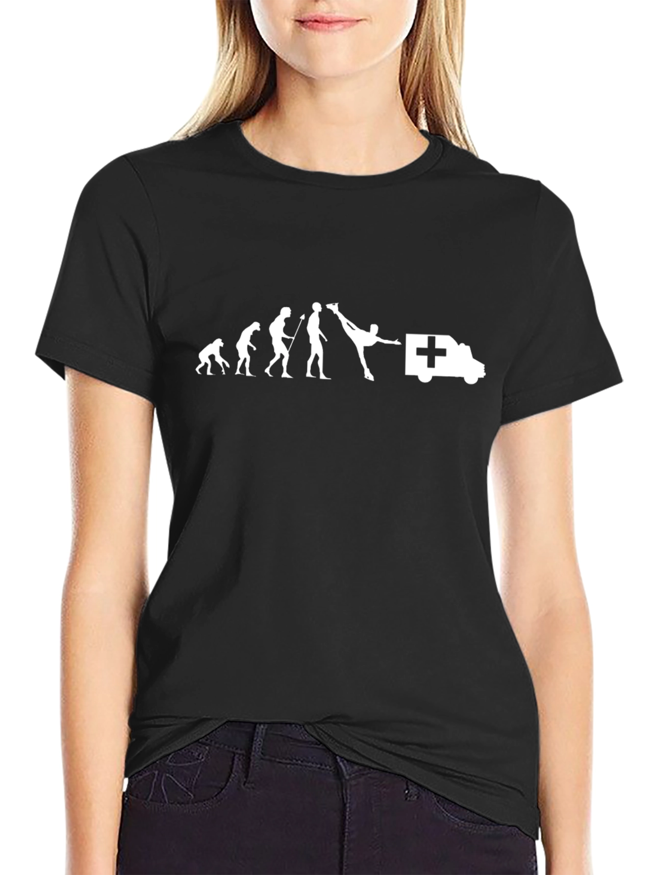 Black Evolution of Kicking Ambulance Funny T-Shirt view 2