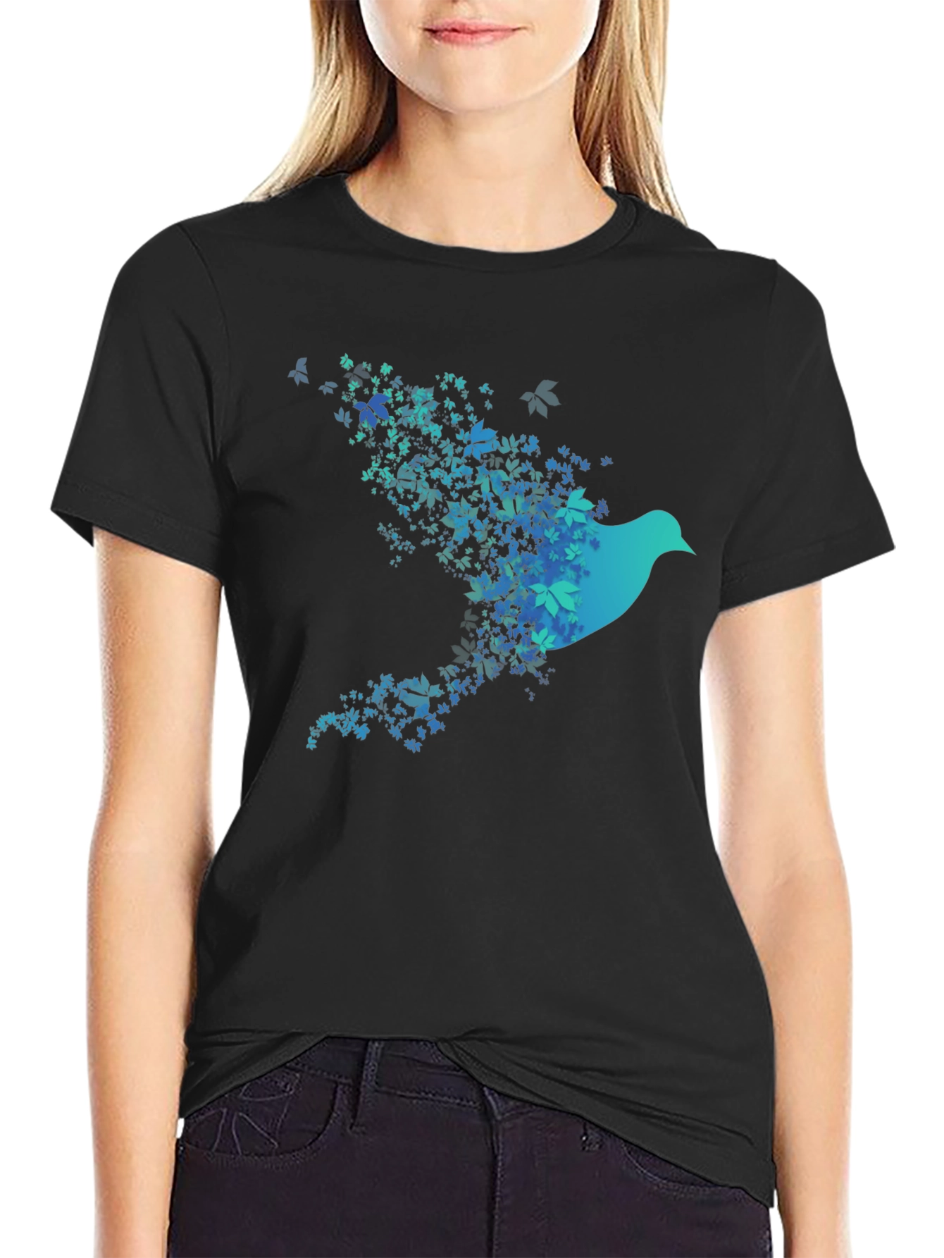 Black Bird of Leaves Graphic T-Shirt view 2