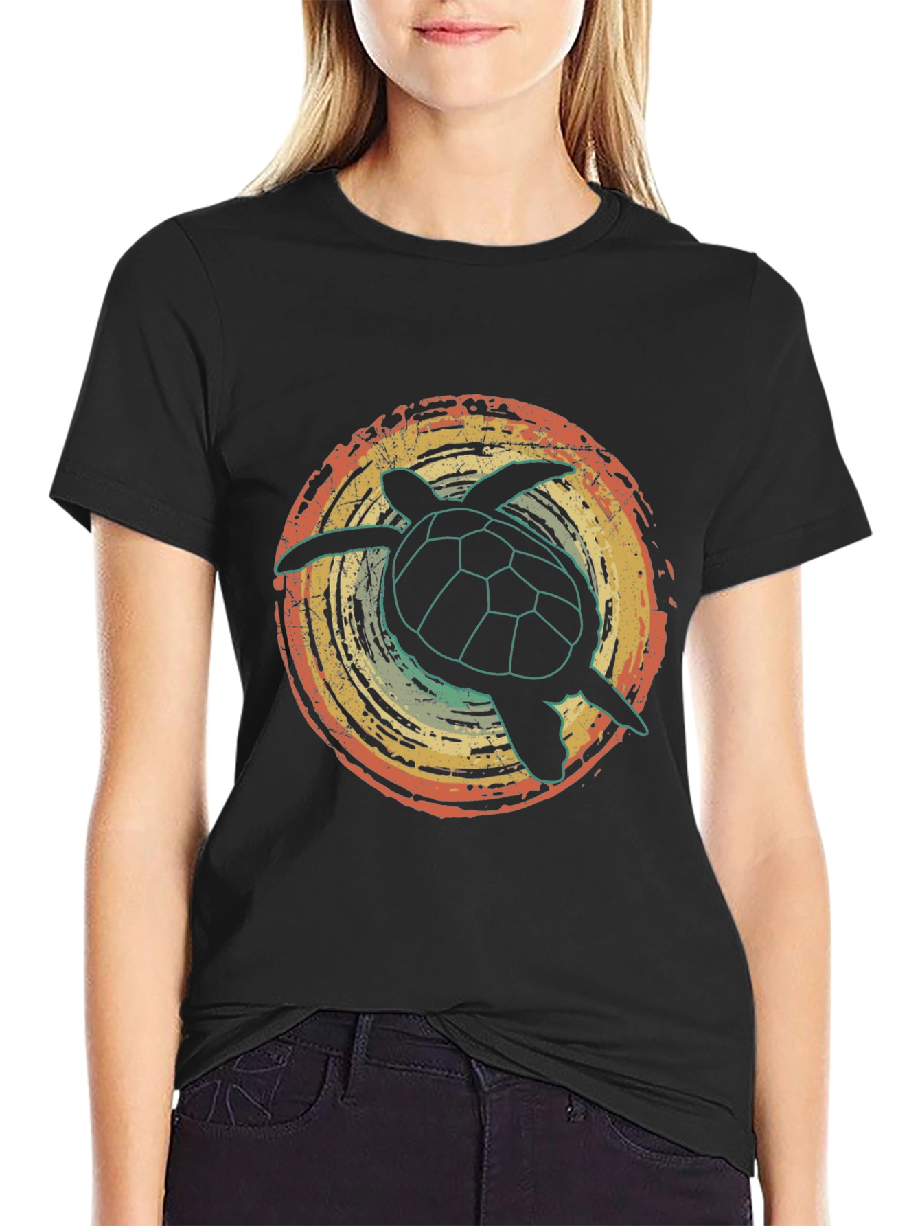 Black Retro Turtle Graphic Tee - Vintage Style Black T-Shirt view 2