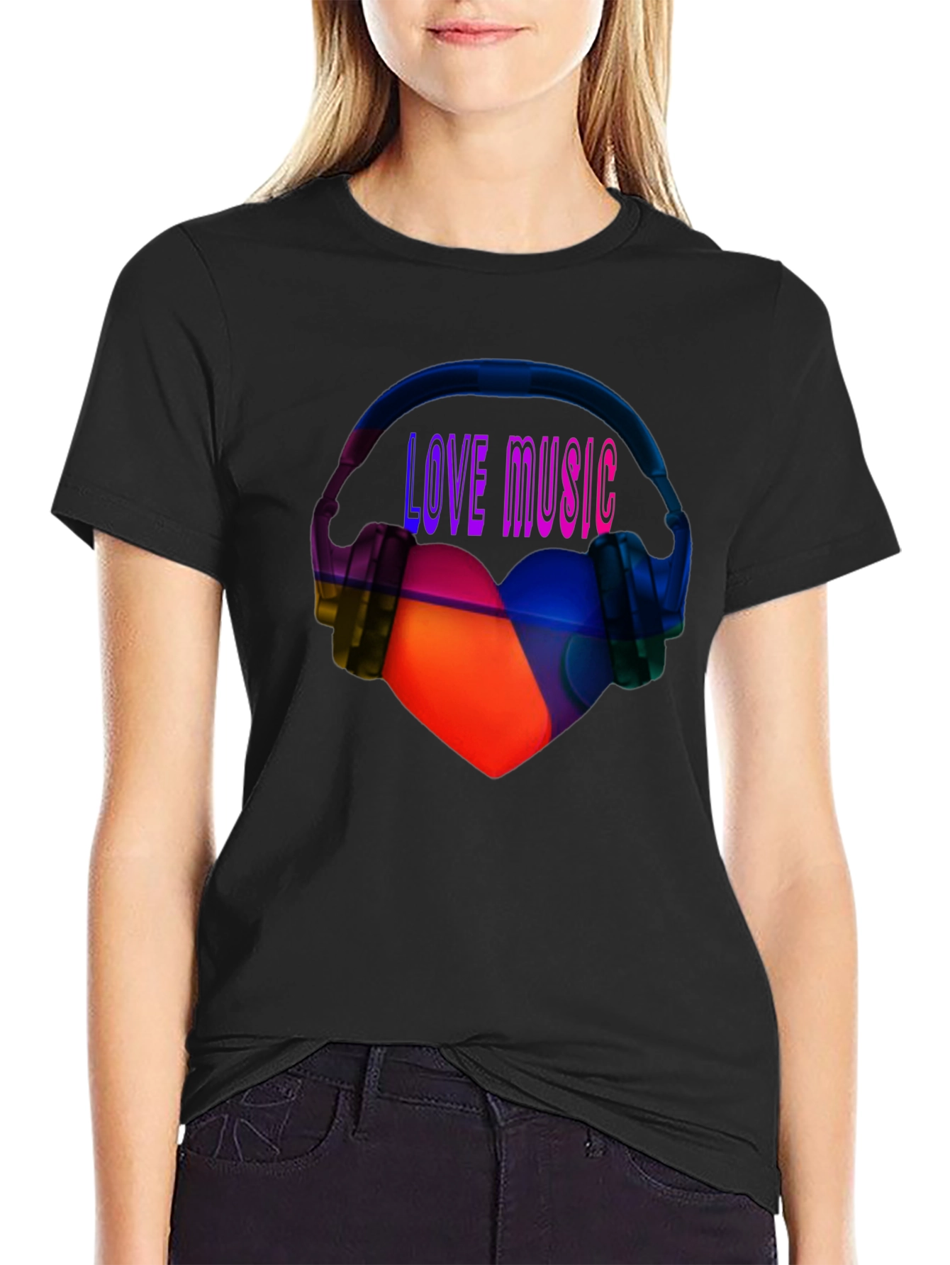 Black Love Music Graphic Tee - Heart & Headphones T-Shirt view 2