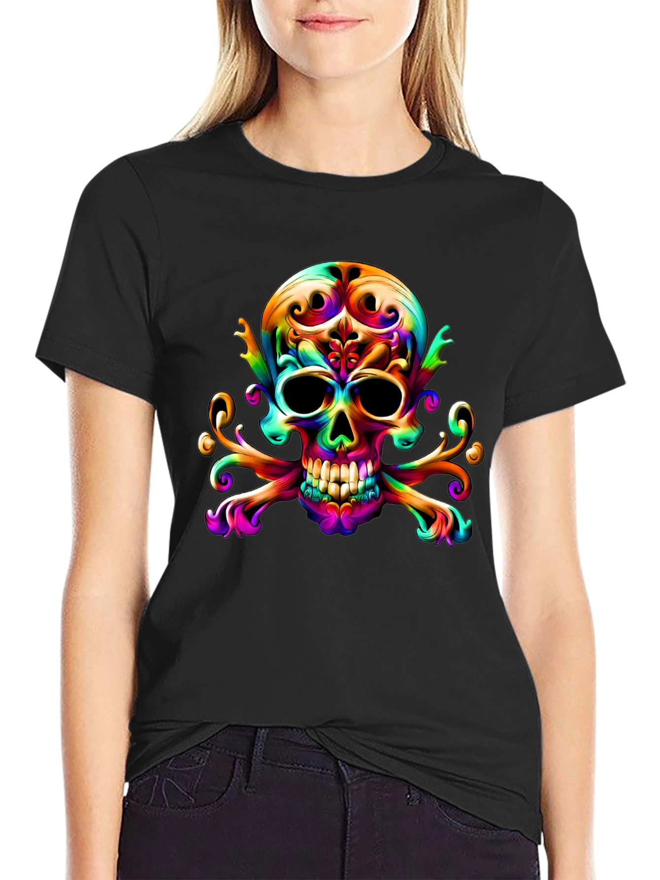 Black Colorful Skull & Crossbones Graphic Tee view 2