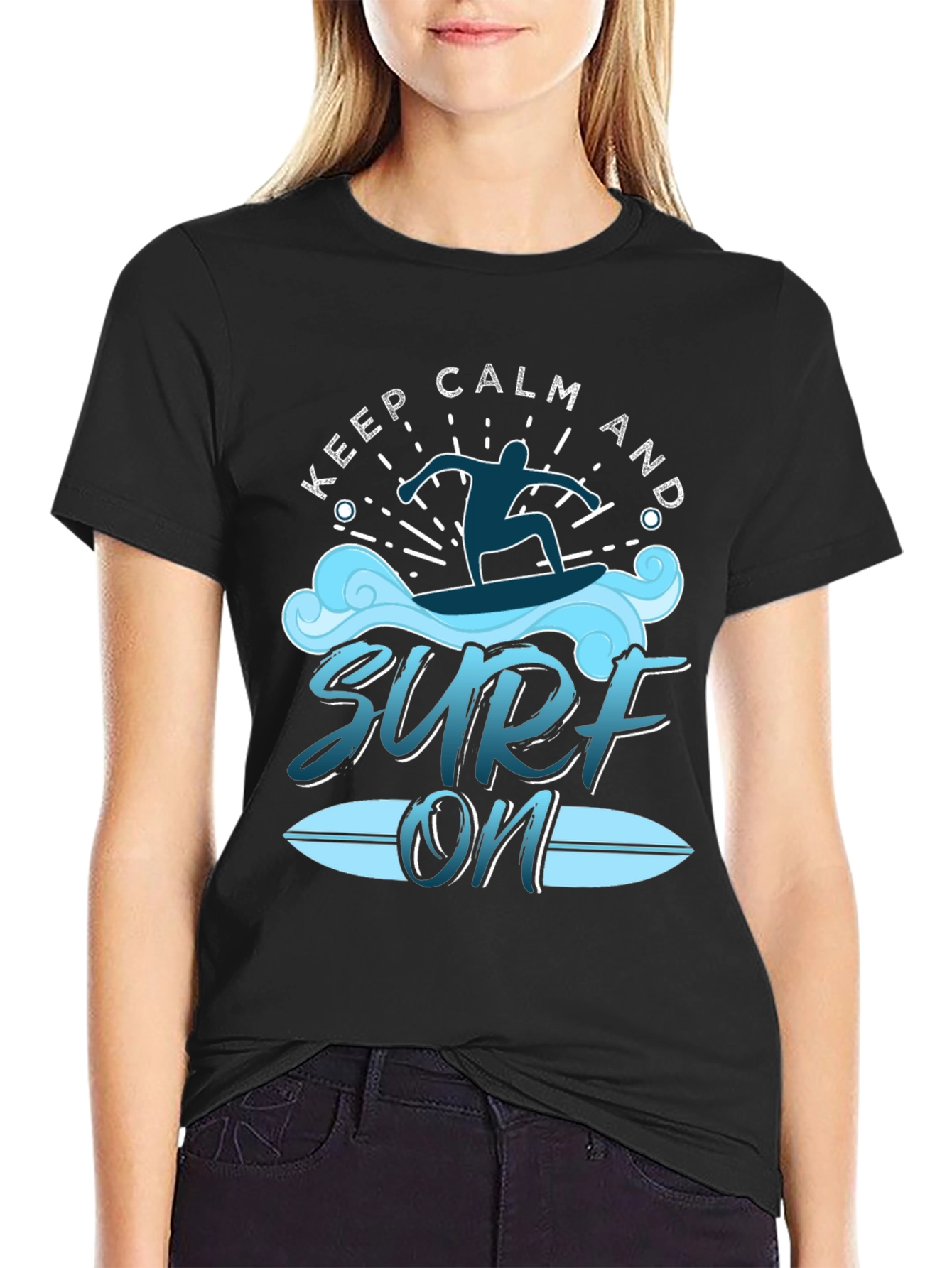 Black Keep Calm and Surf On Black T-Shirt view 2