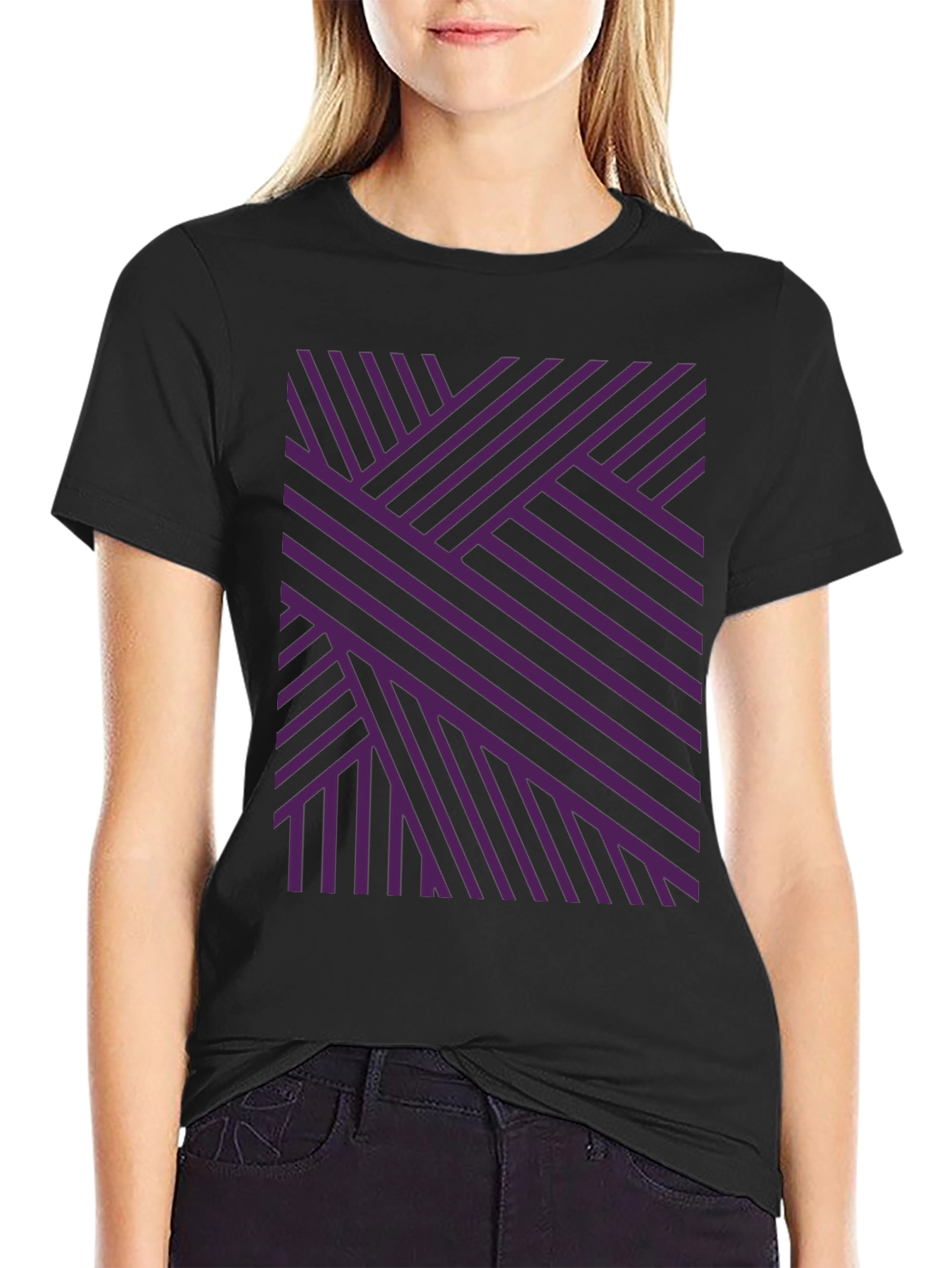 Black Abstract Geometric Stripe Pattern T-Shirt view 2