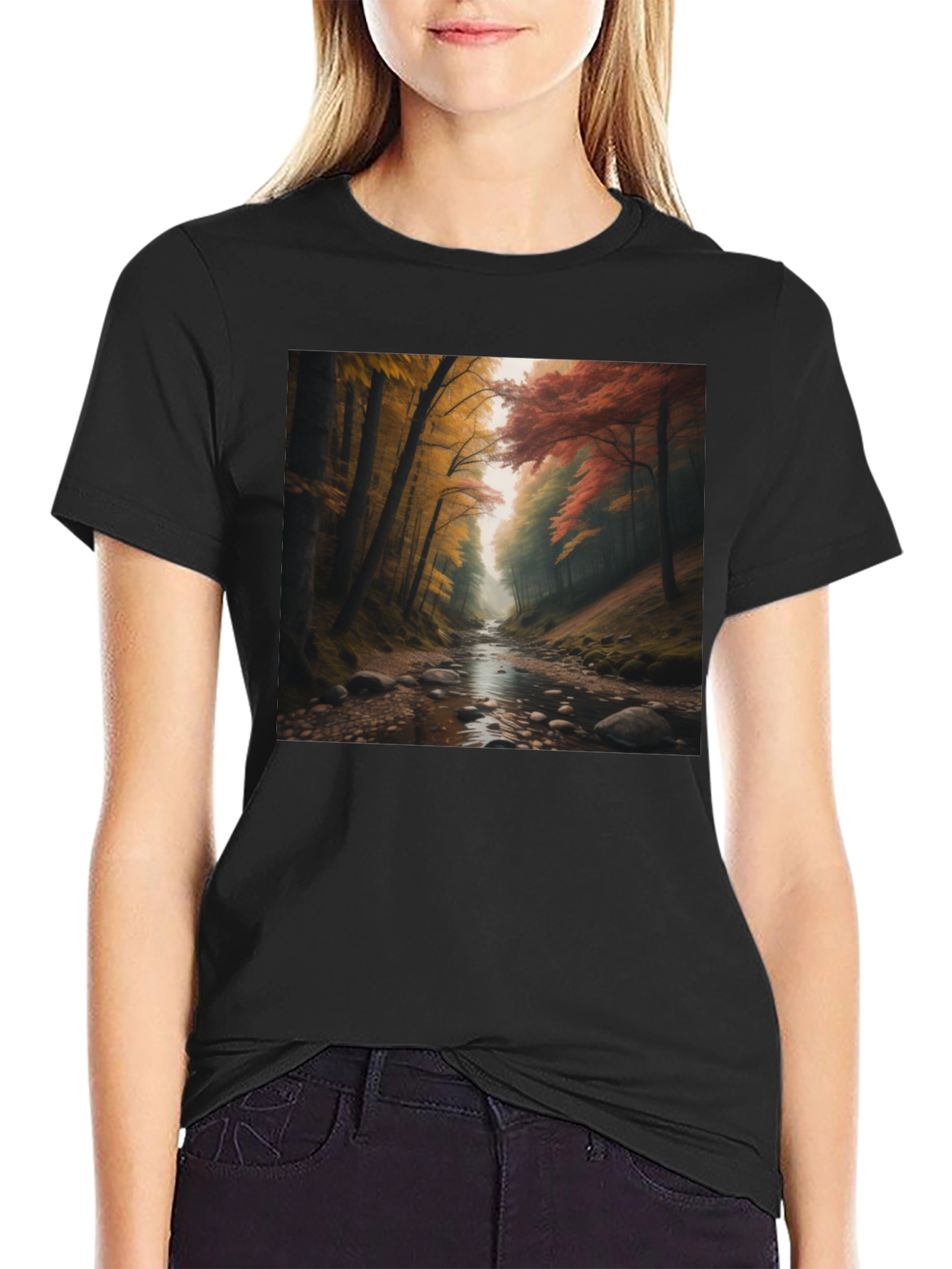 Black Autumn Forest River Graphic Tee view 2