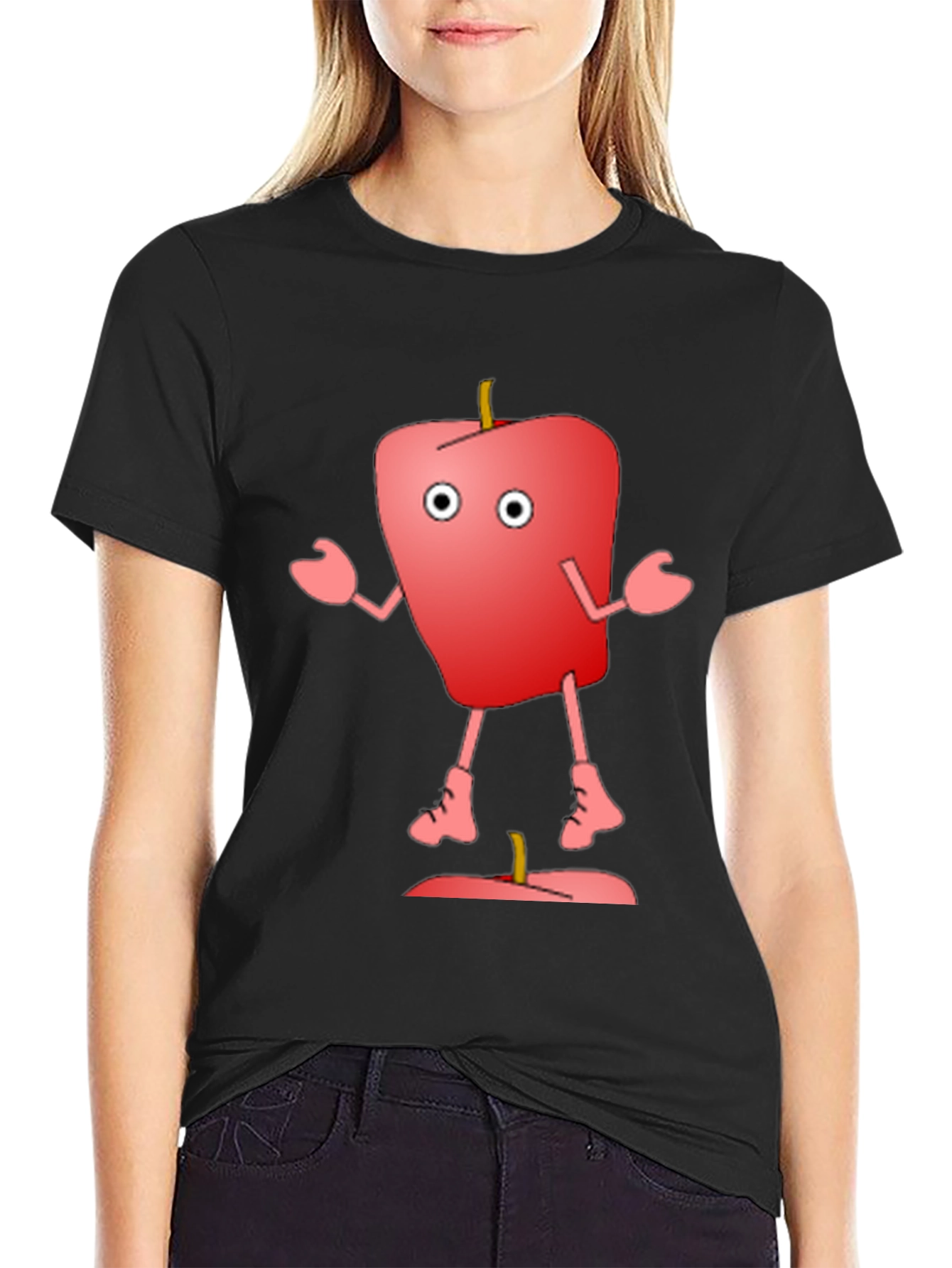 Black Cartoon Apple Graphic T-Shirt - Funny Fruit Tee view 2