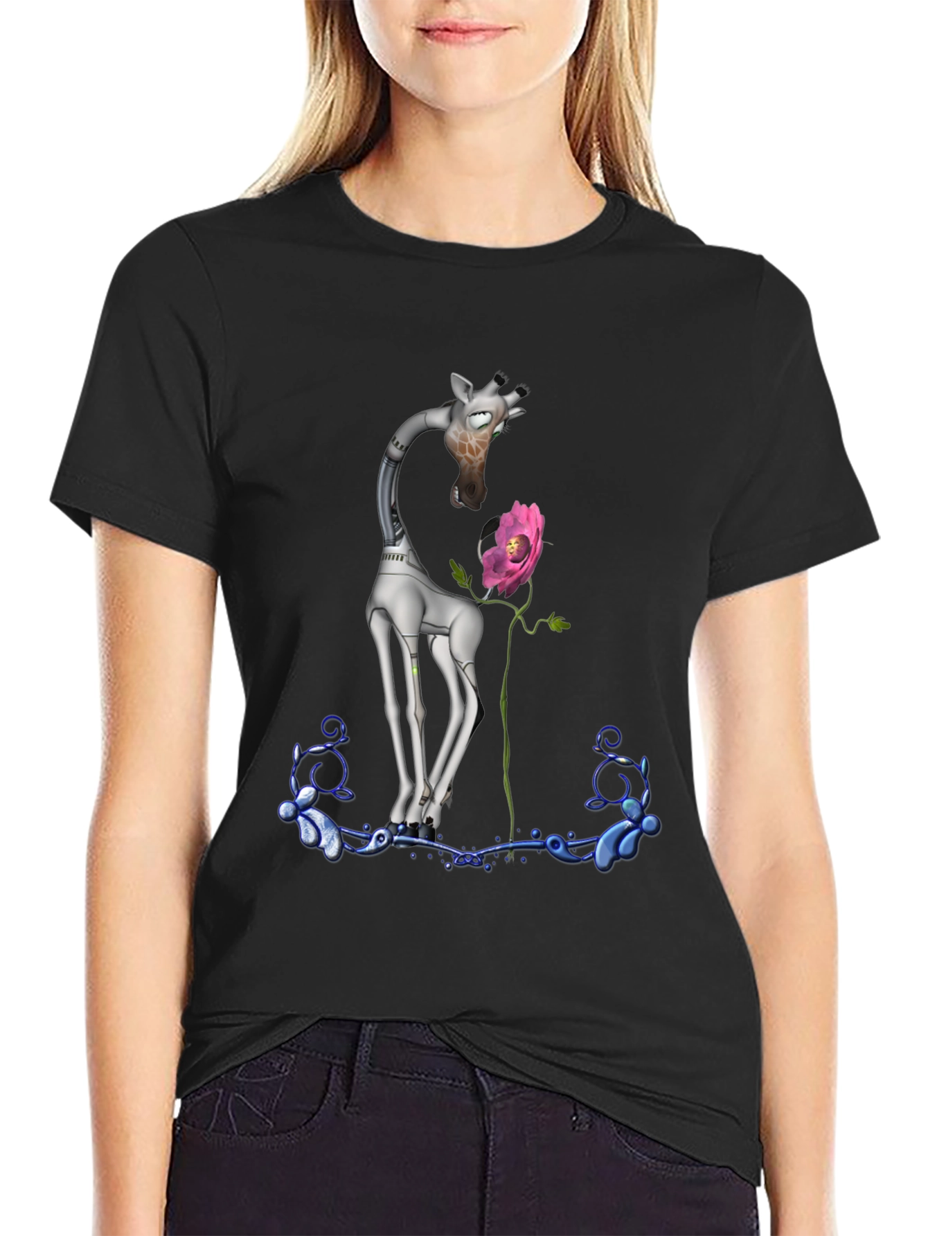 Black Robotic Giraffe & Flower Graphic Tee - Quirky Black T-Shirt view 2