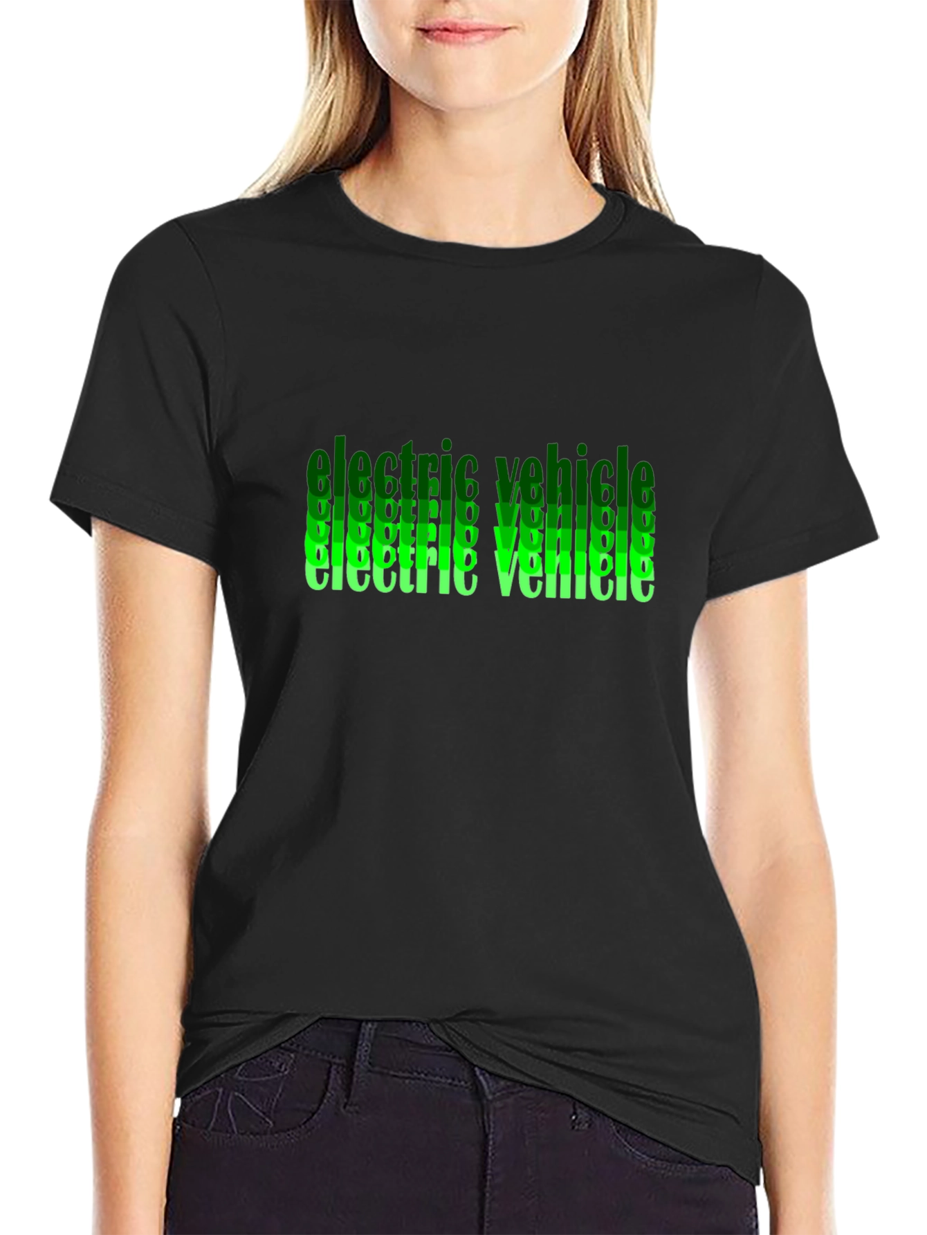 Black Electric Vehicle Green Text Black T-Shirt view 2
