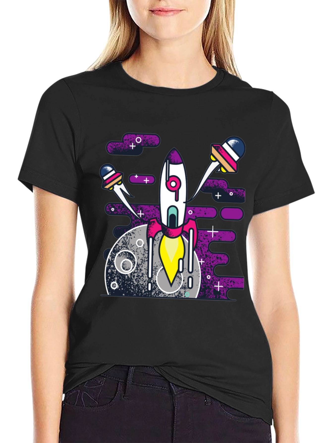 Black Space Rocket Graphic Tee - Black Cotton Blend Shirt view 2