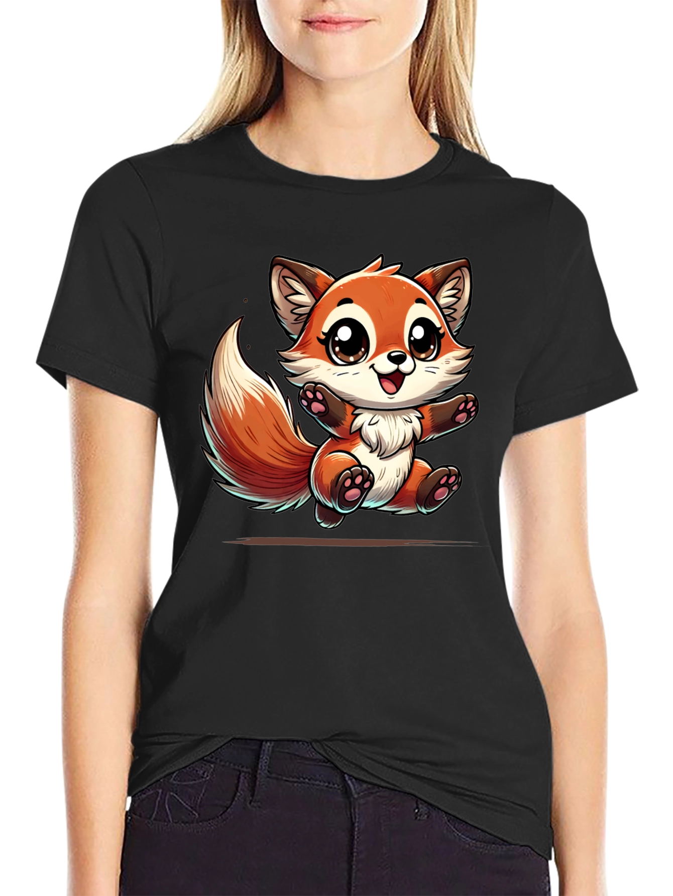 Black Cute Fox Graphic Tee - Black Cotton T-Shirt view 2