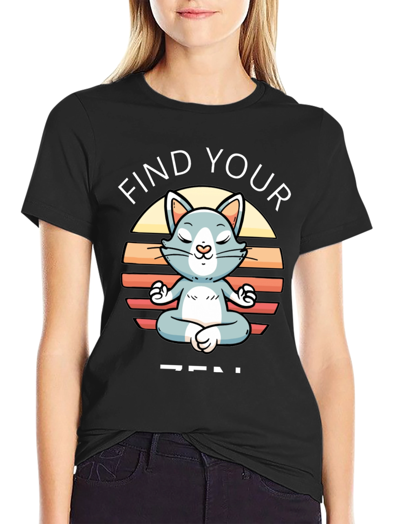 Black Find Your Zen Cat T-Shirt - Meditating Feline view 2