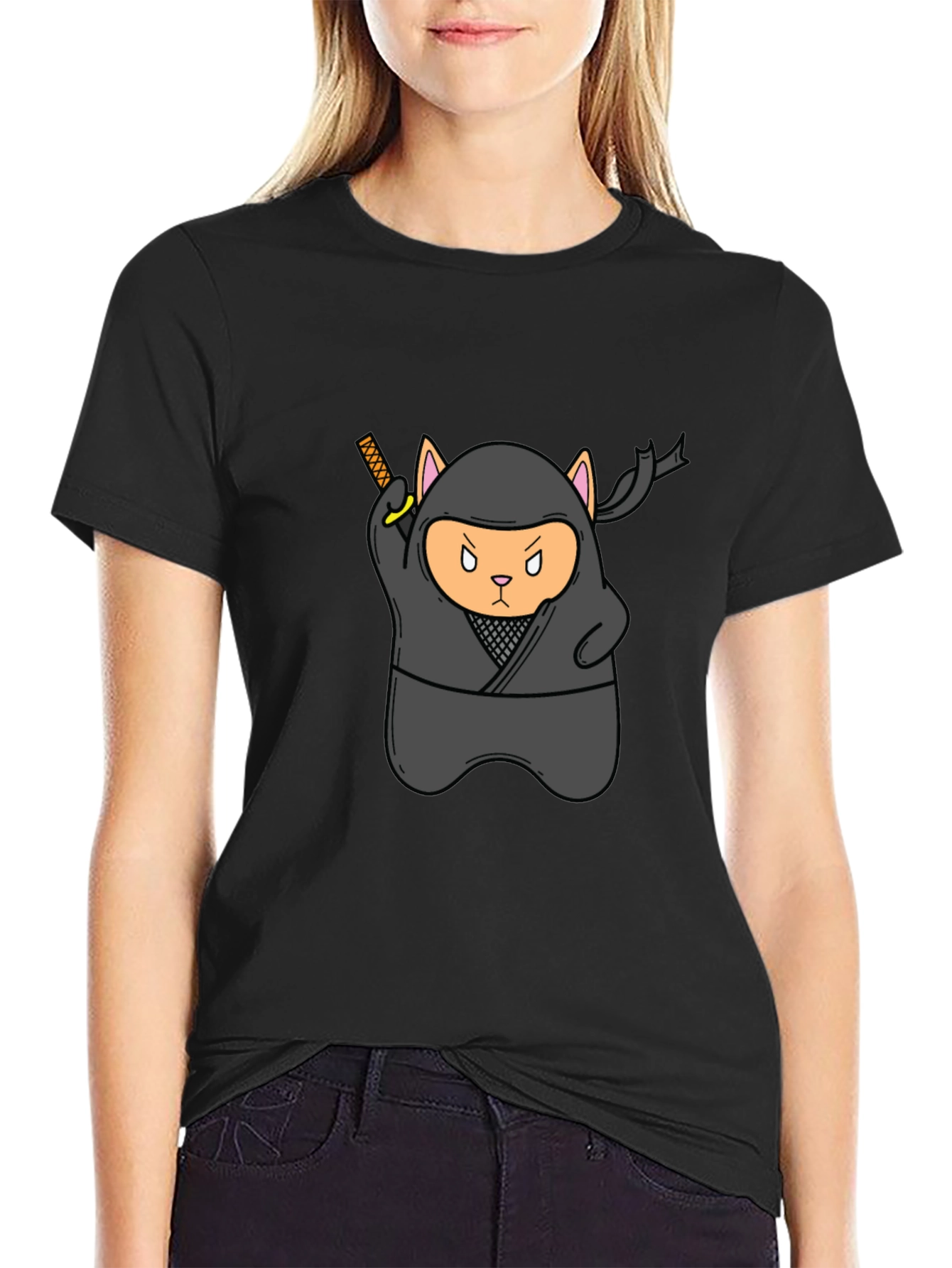 Black Ninja Cat Black T-Shirt - Stealth Mode Activated! view 2