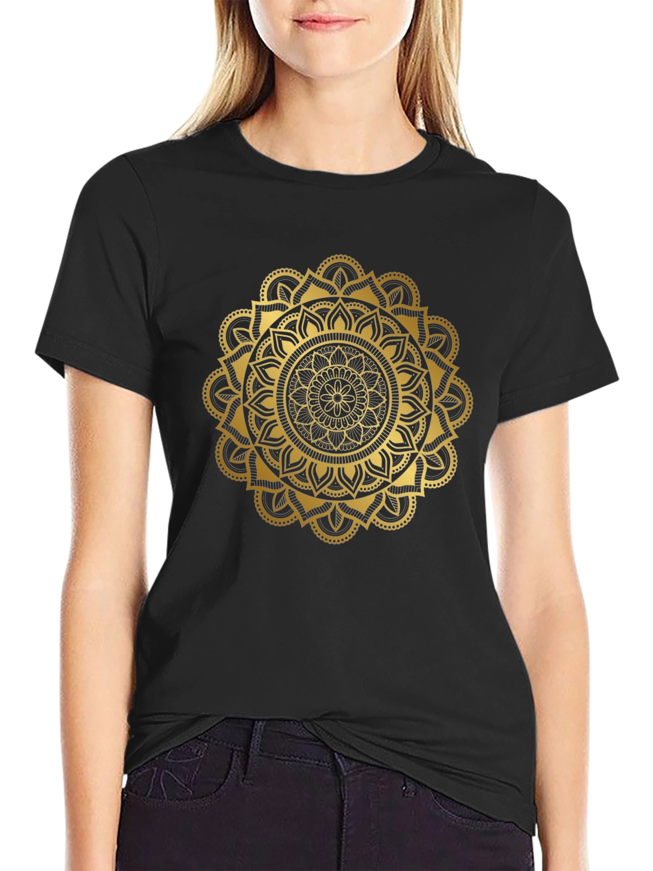Black Golden Mandala Graphic Black T-Shirt view 2