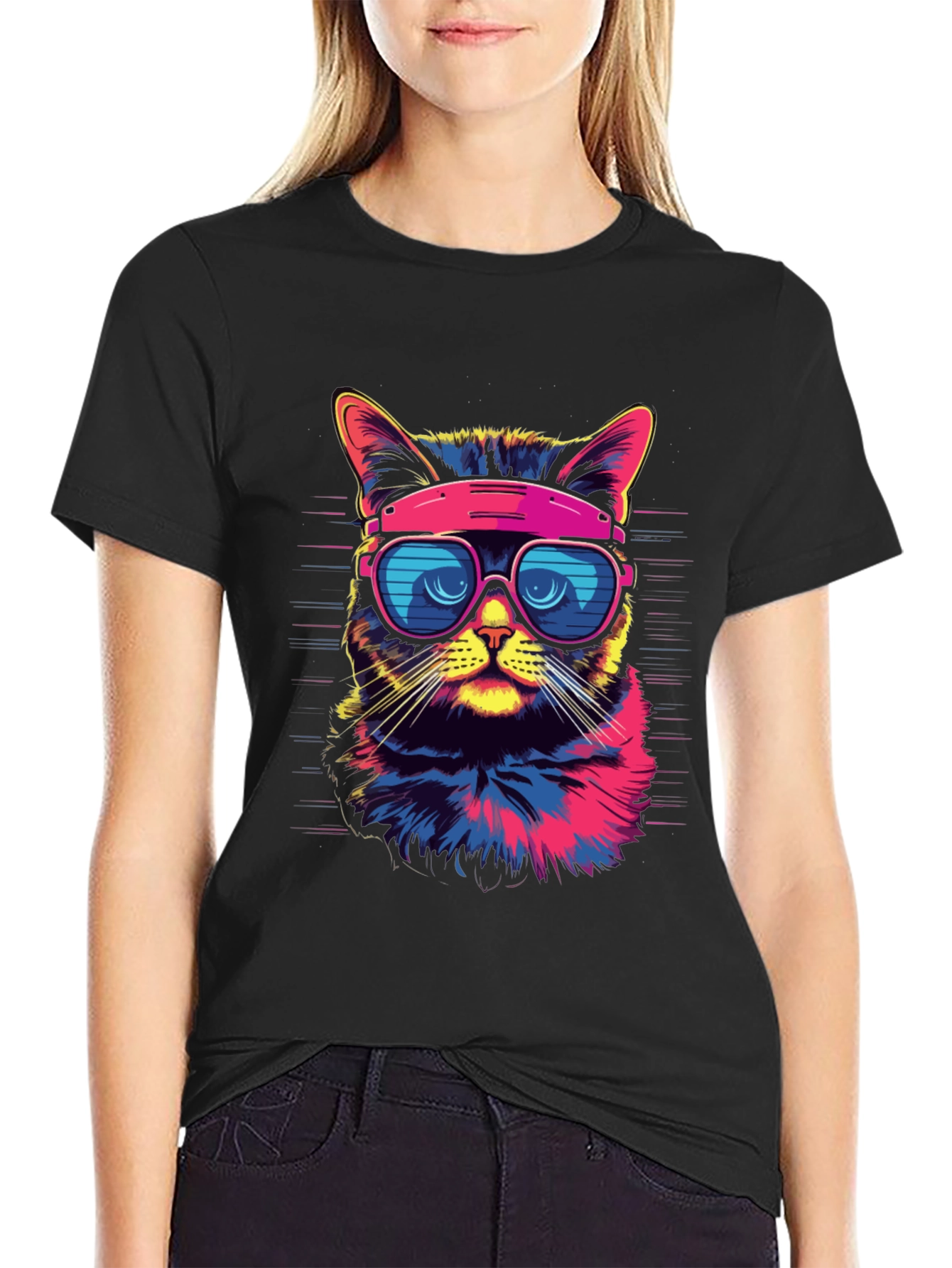 Black Cool Cat T-Shirt - Retro Sunglasses Graphic Tee view 2