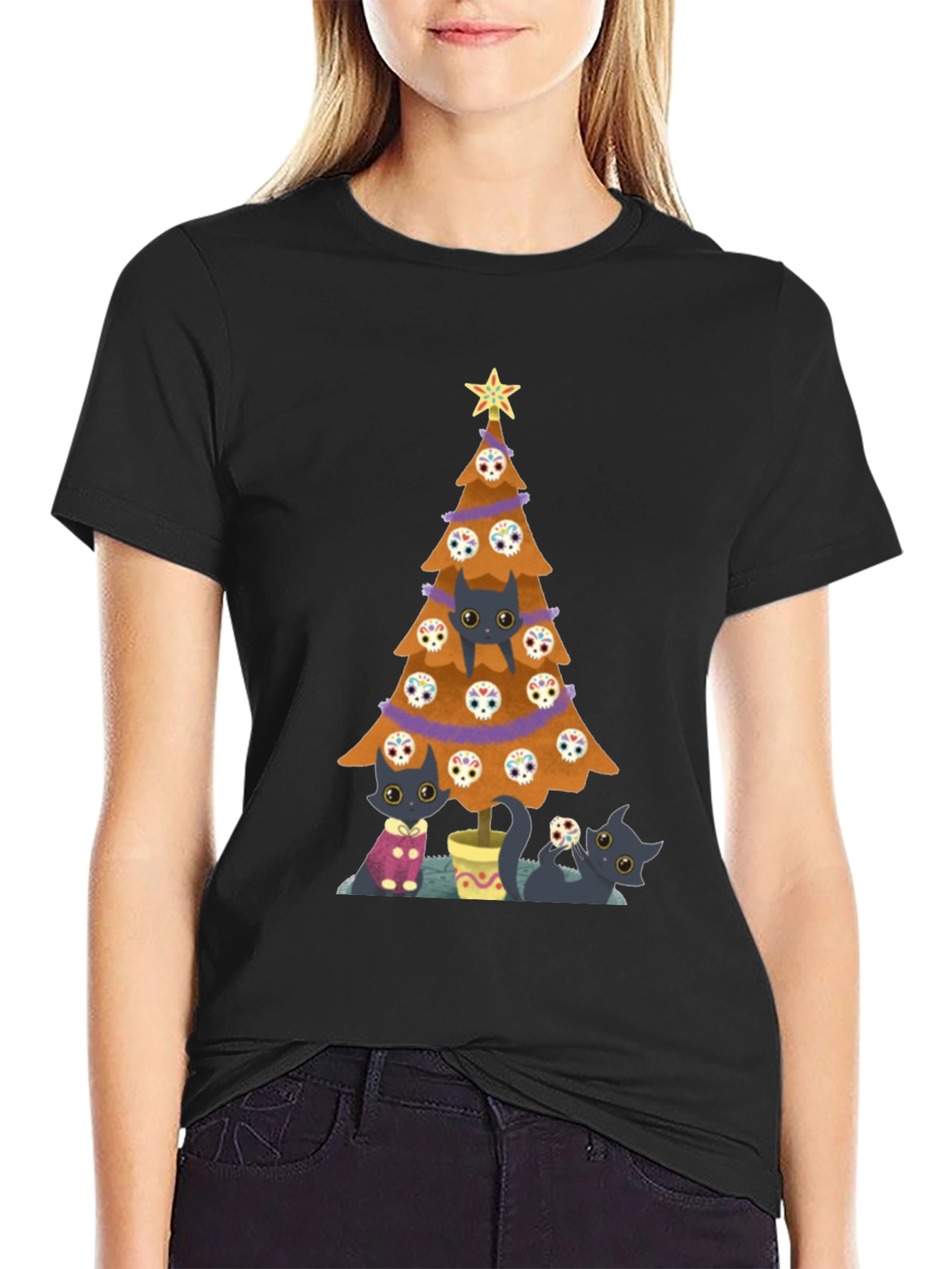 Black Cat Christmas Tree Black T-Shirt view 2