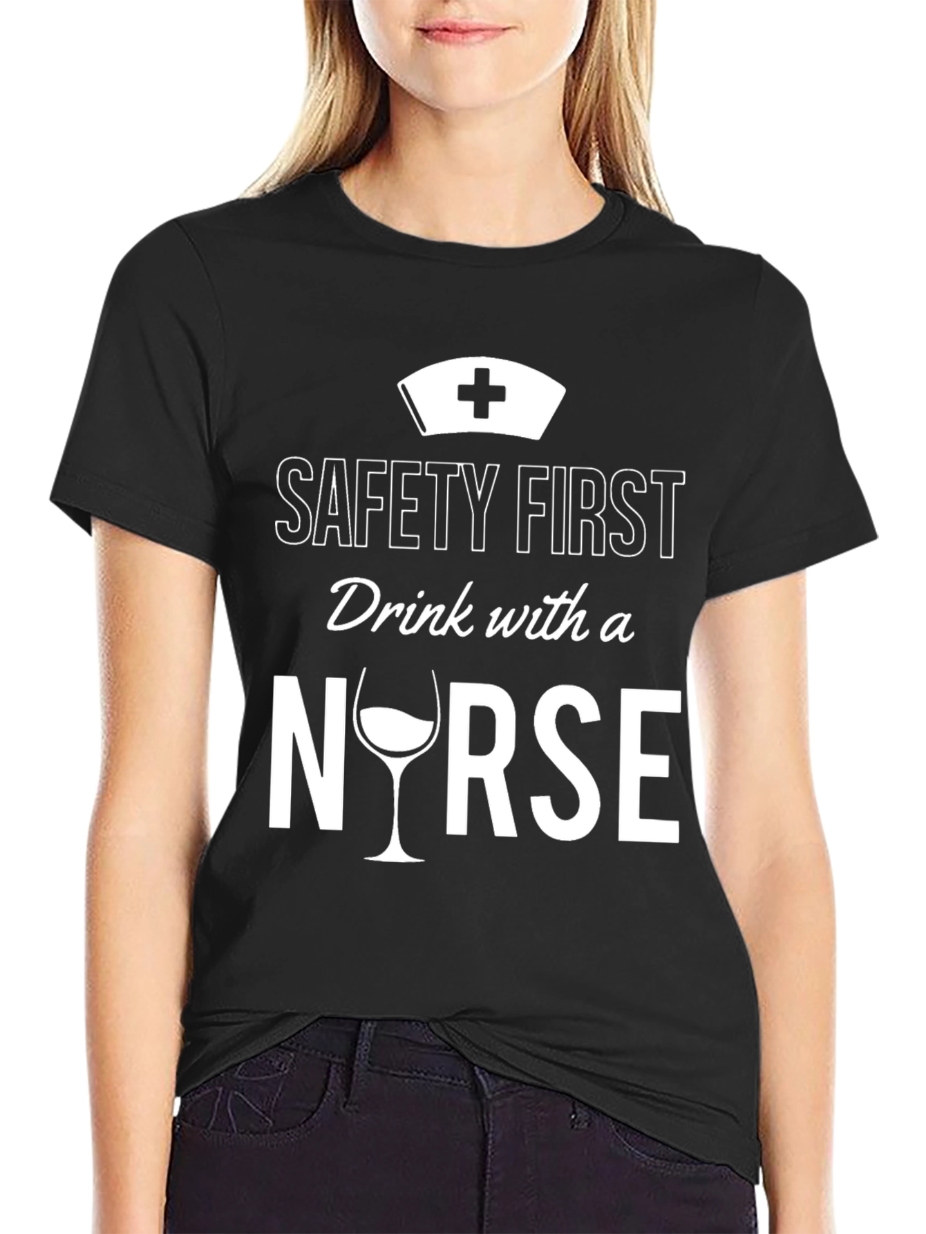 Black Safety First Drink with a Nurse T-Shirt view 2