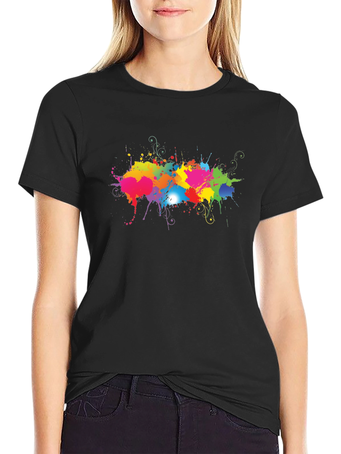 Black Vibrant Splatter Print Black T-Shirt view 2