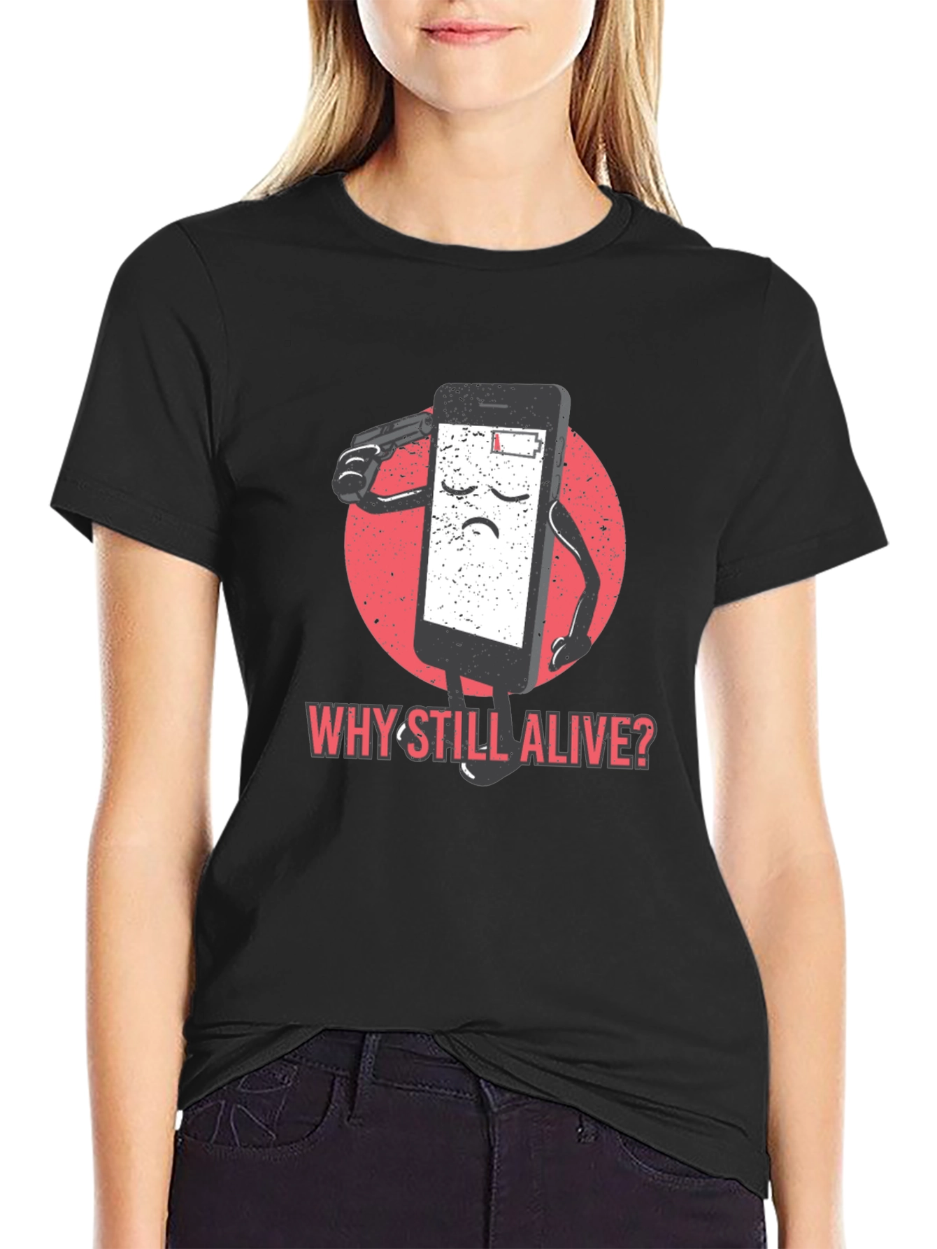 Black Why Still Alive T-Shirt - Funny Phone Battery Tee view 2