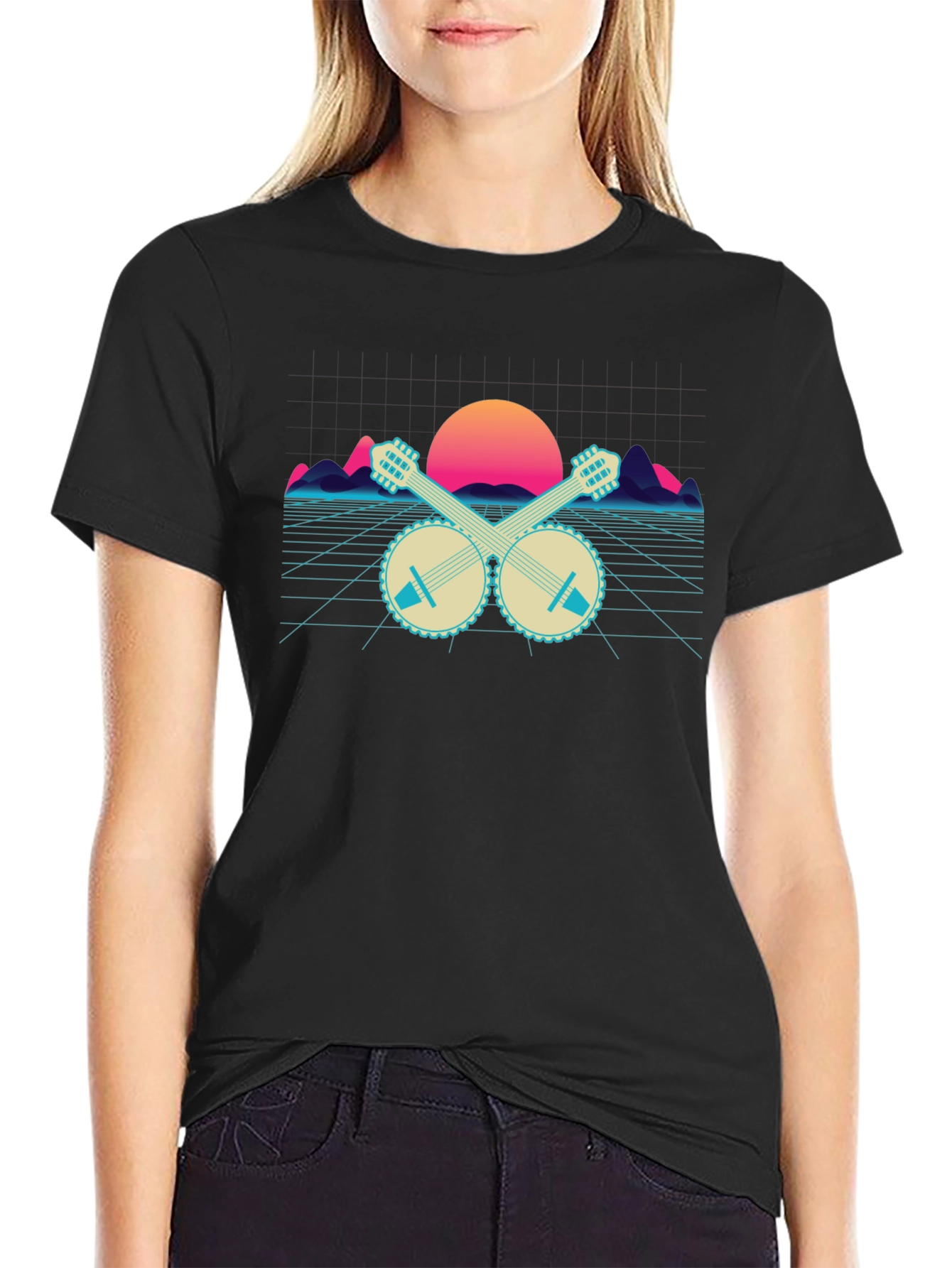 Black Retro Banjo Sunset T-Shirt - Musical Synthwave Tee view 2