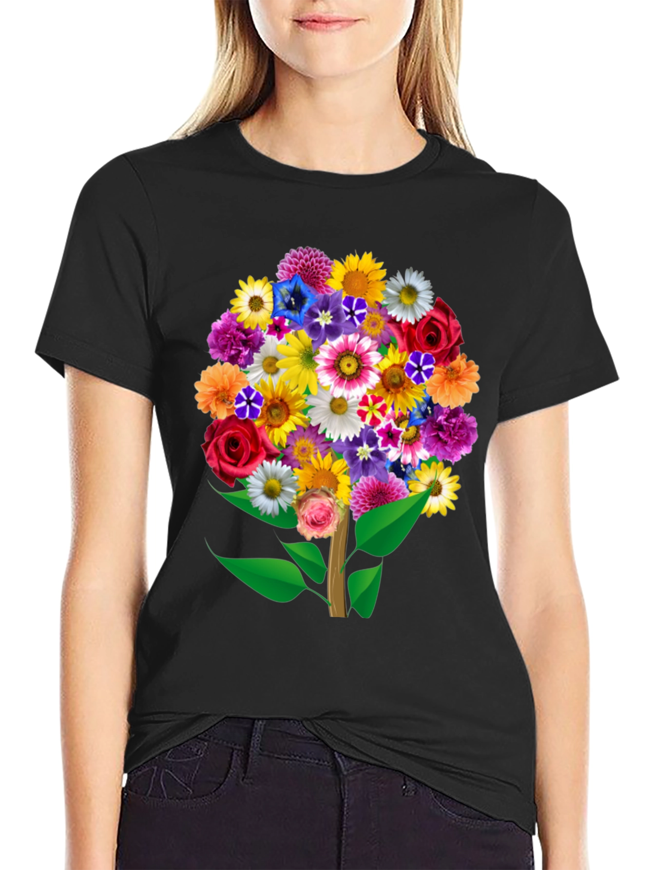 Black Floral Bouquet Tree Graphic Tee - Black Cotton T-Shirt view 2