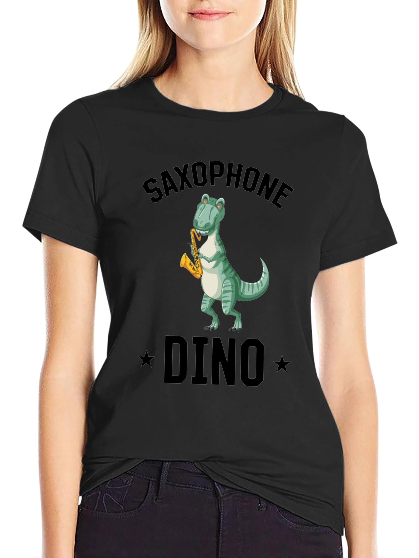 Black Saxophone Dino T-Shirt - Black Cotton Tee view 2
