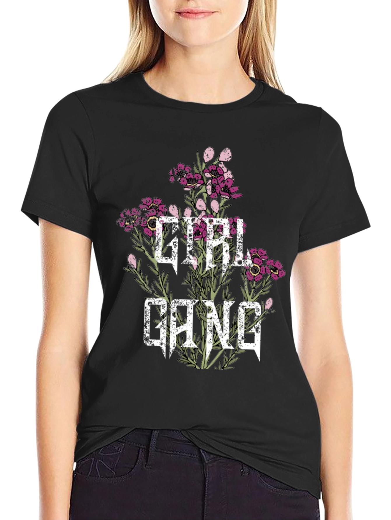 Black Girl Gang Floral Tee - Black Graphic T-Shirt view 2