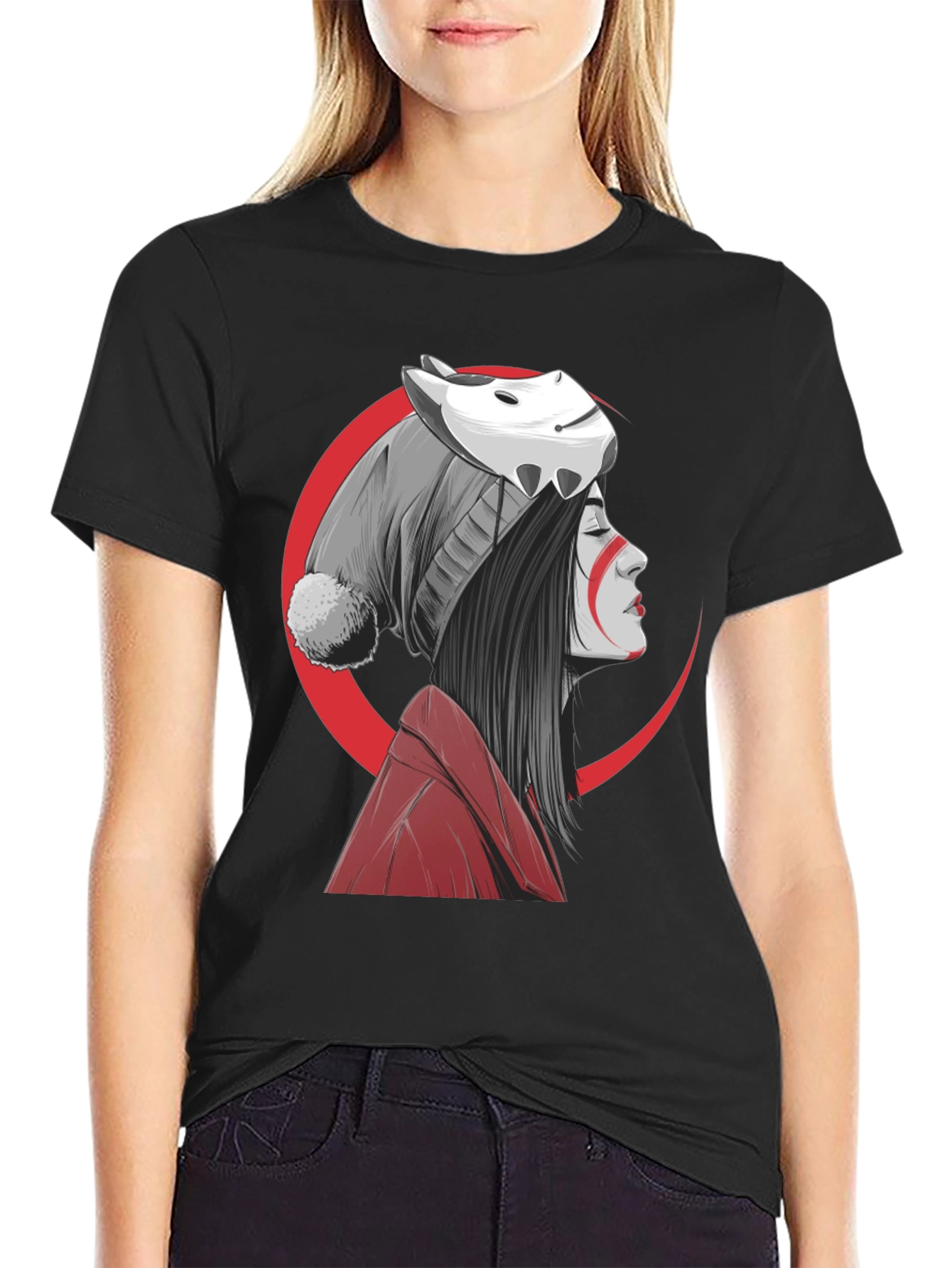 Black Anime Girl Mask Graphic Tee - Soft Cotton Blend Shirt view 2