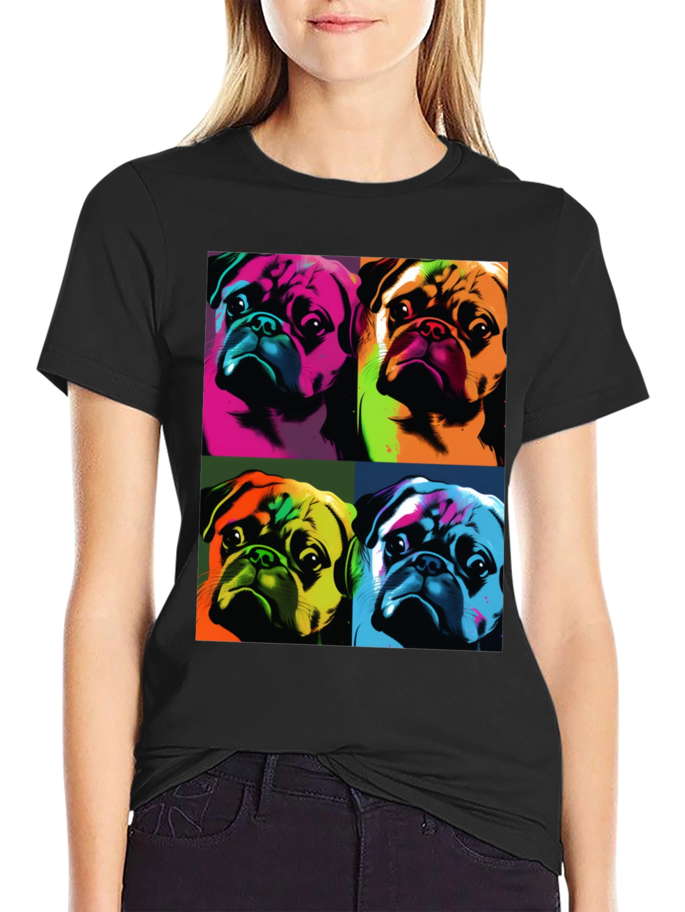 Black Pop Art Pug T-Shirt: Colorful Canine Graphic Tee view 2