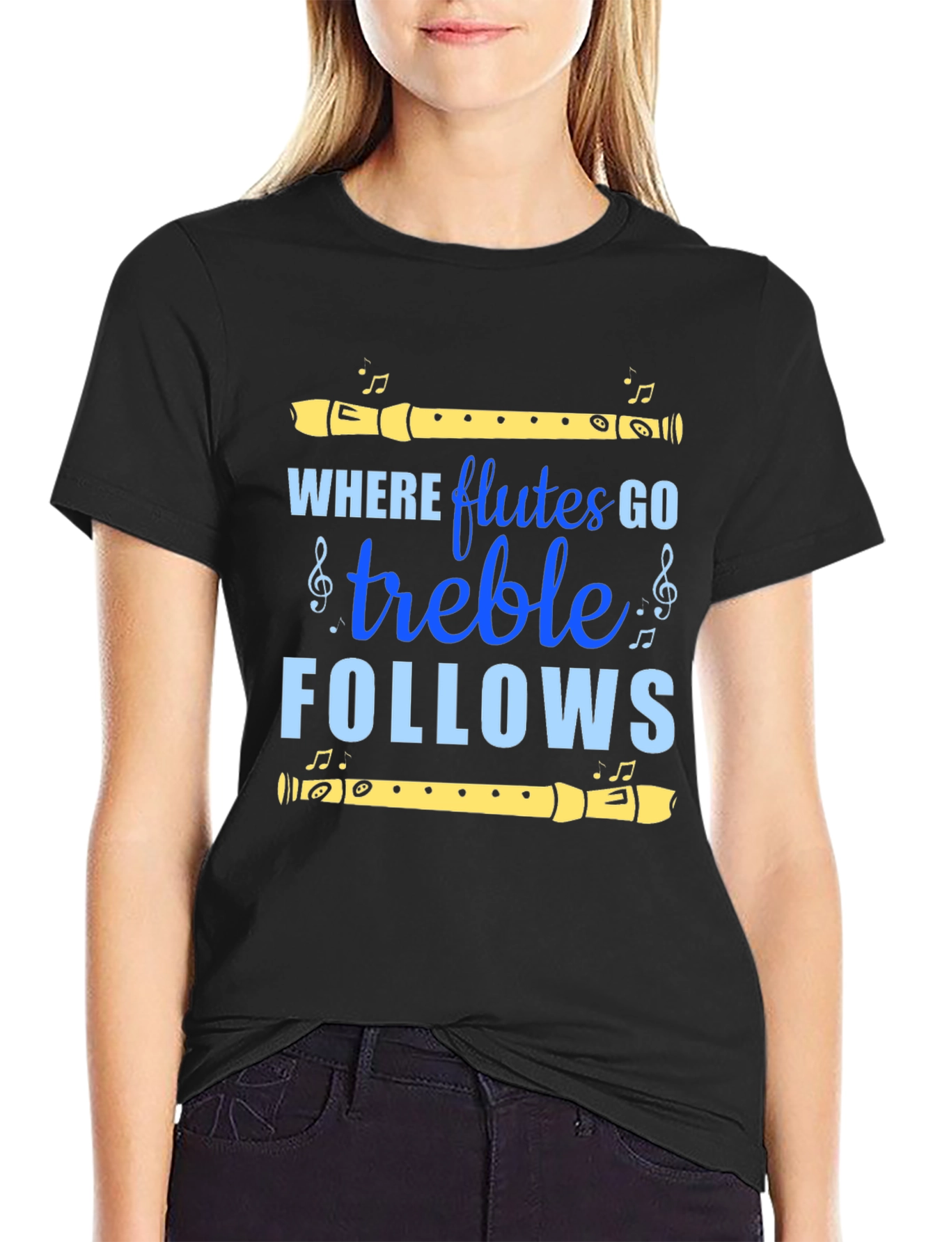 Black Flute Music T-Shirt - Treble Follows Tee view 2