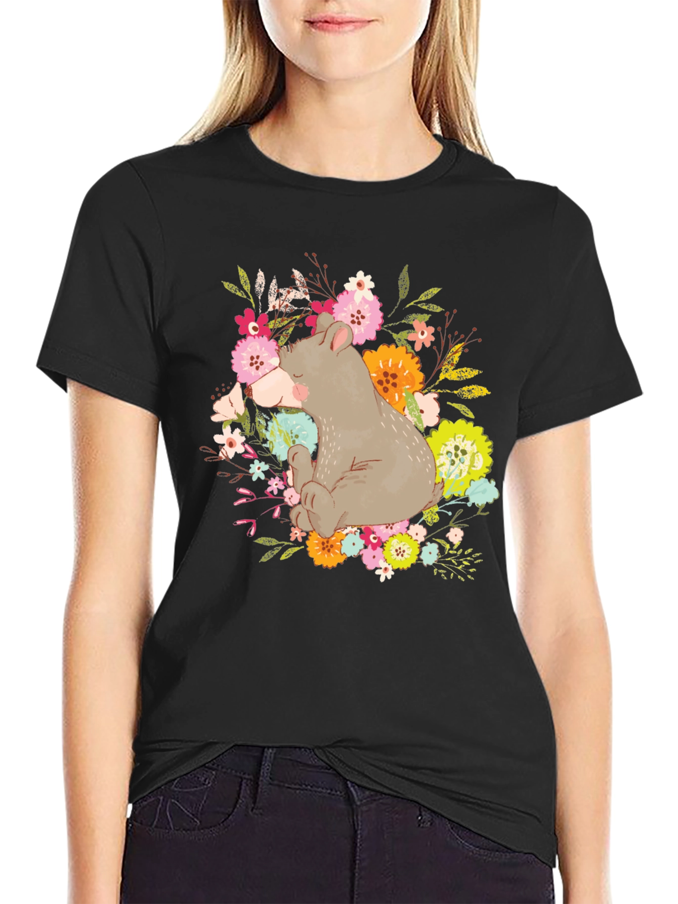 Black Cute Bear Floral T-Shirt - Unisex Graphic Tee view 2