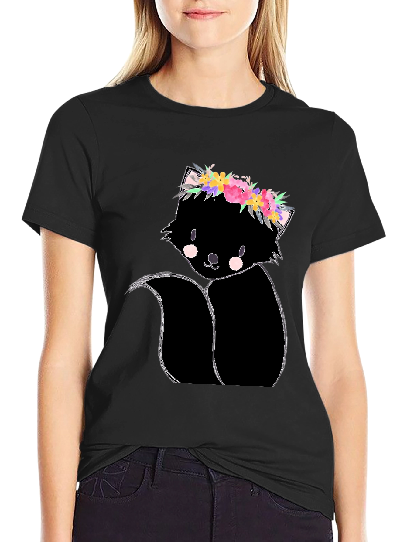Black Floral Skunk Graphic Tee - Unisex Black T-Shirt view 2