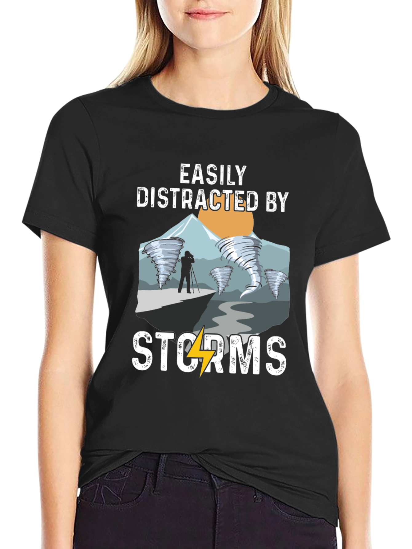 Black Easily Distracted by Storms Black T-Shirt view 2