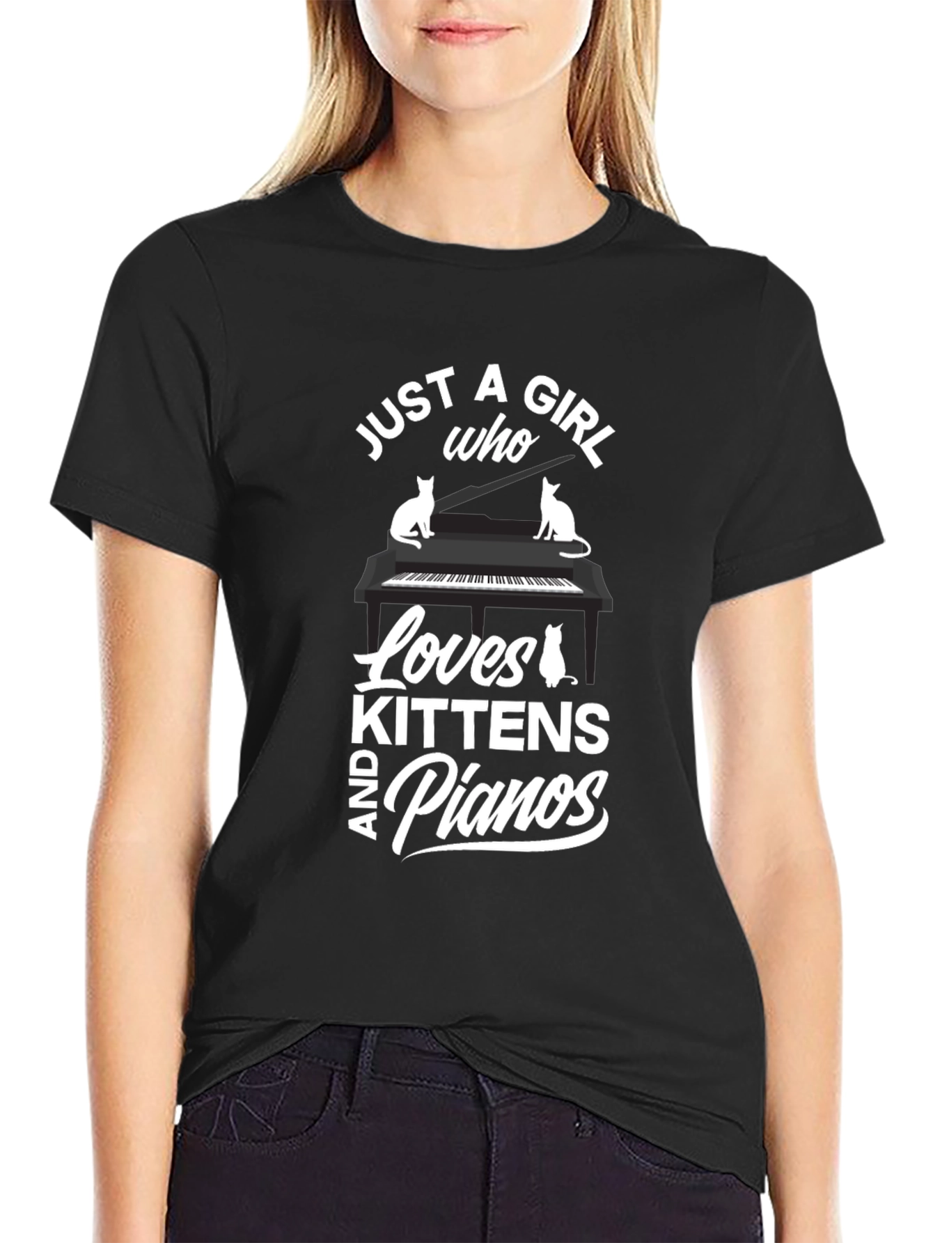 Black Just a Girl Who Loves Kittens and Pianos Black T-Shirt view 2