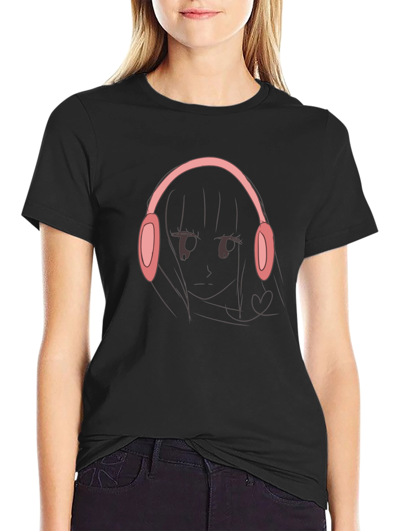 Black Anime Girl Headphones Graphic Black T-Shirt view 2