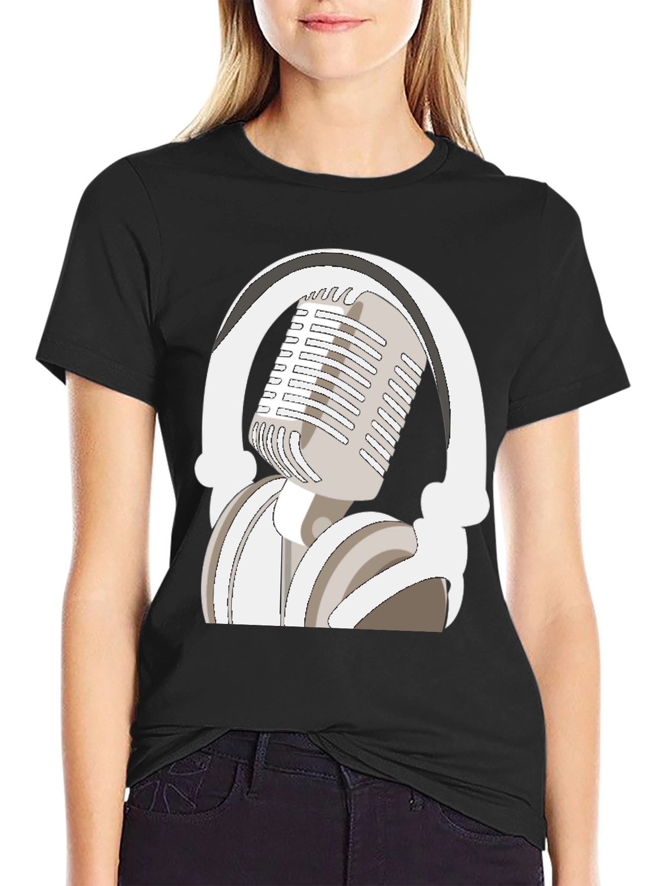 Black Microphone and Headphones Graphic Tee view 2
