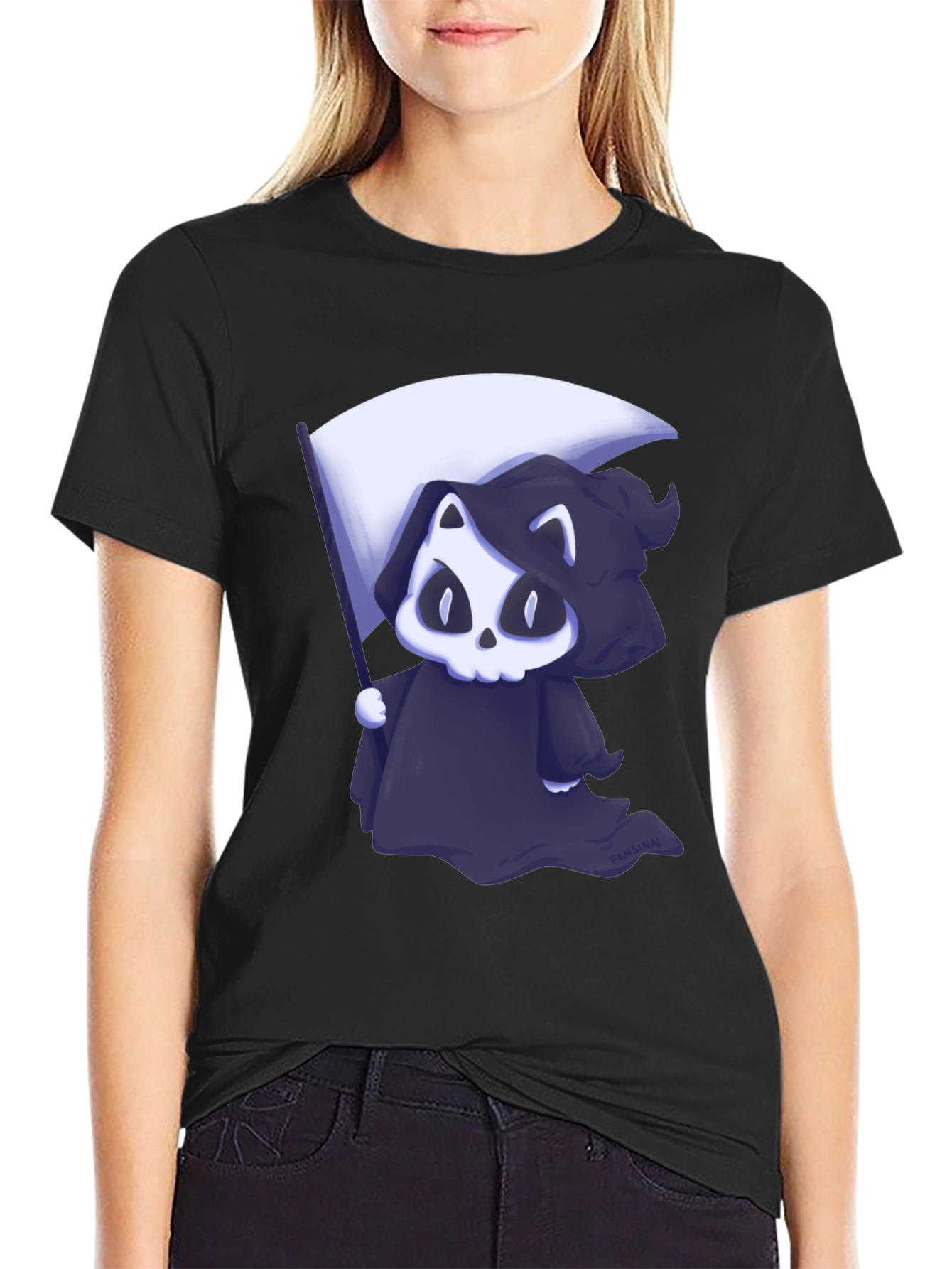 Black Grim Reaper Cat Graphic Tee view 2