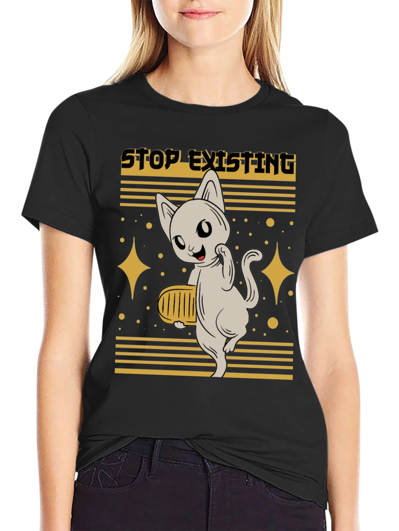 Black Stop Existing Cat Graphic Tee - Men's Black T-Shirt view 2