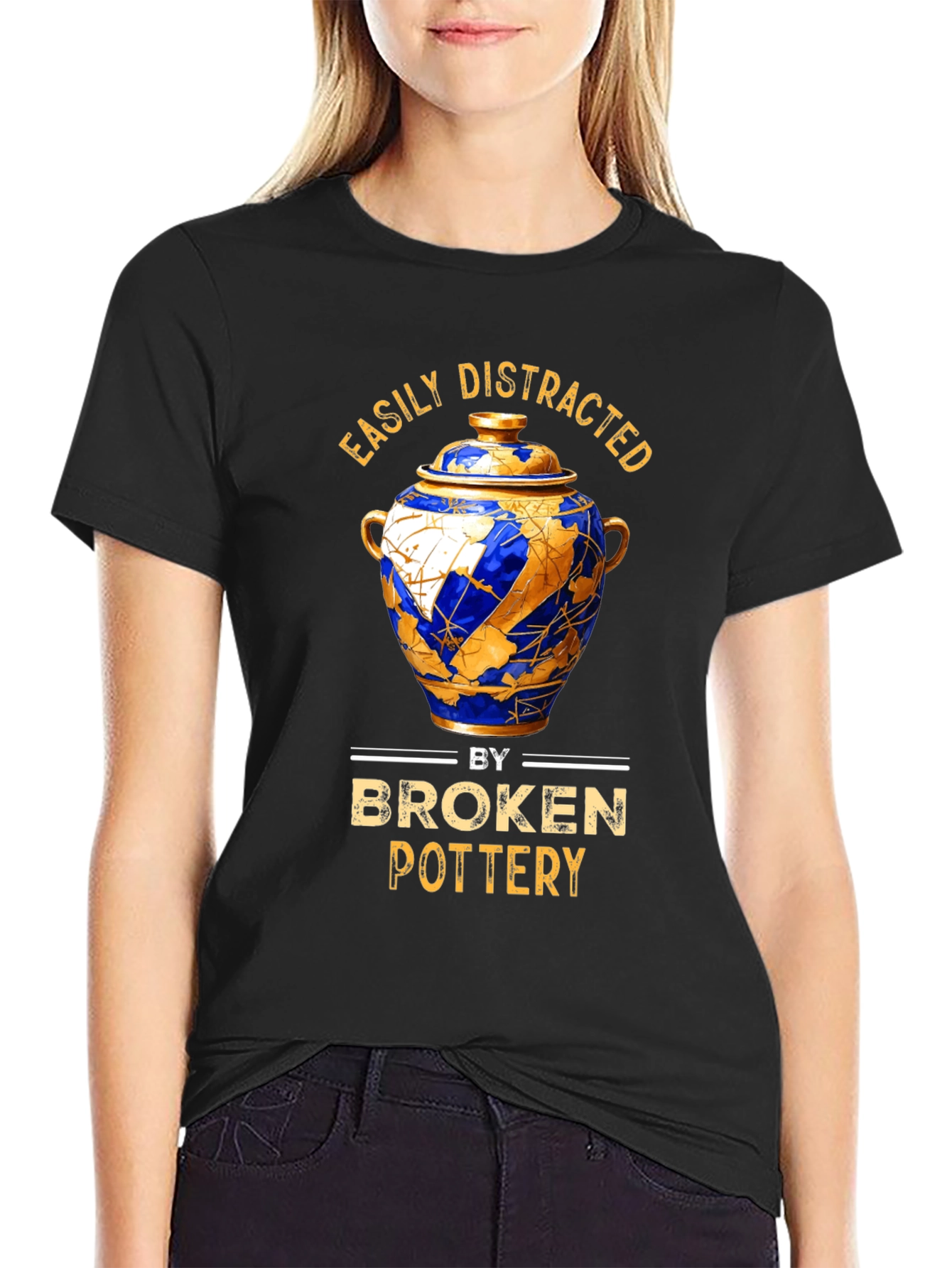 Black Easily Distracted by Broken Pottery T-Shirt view 2