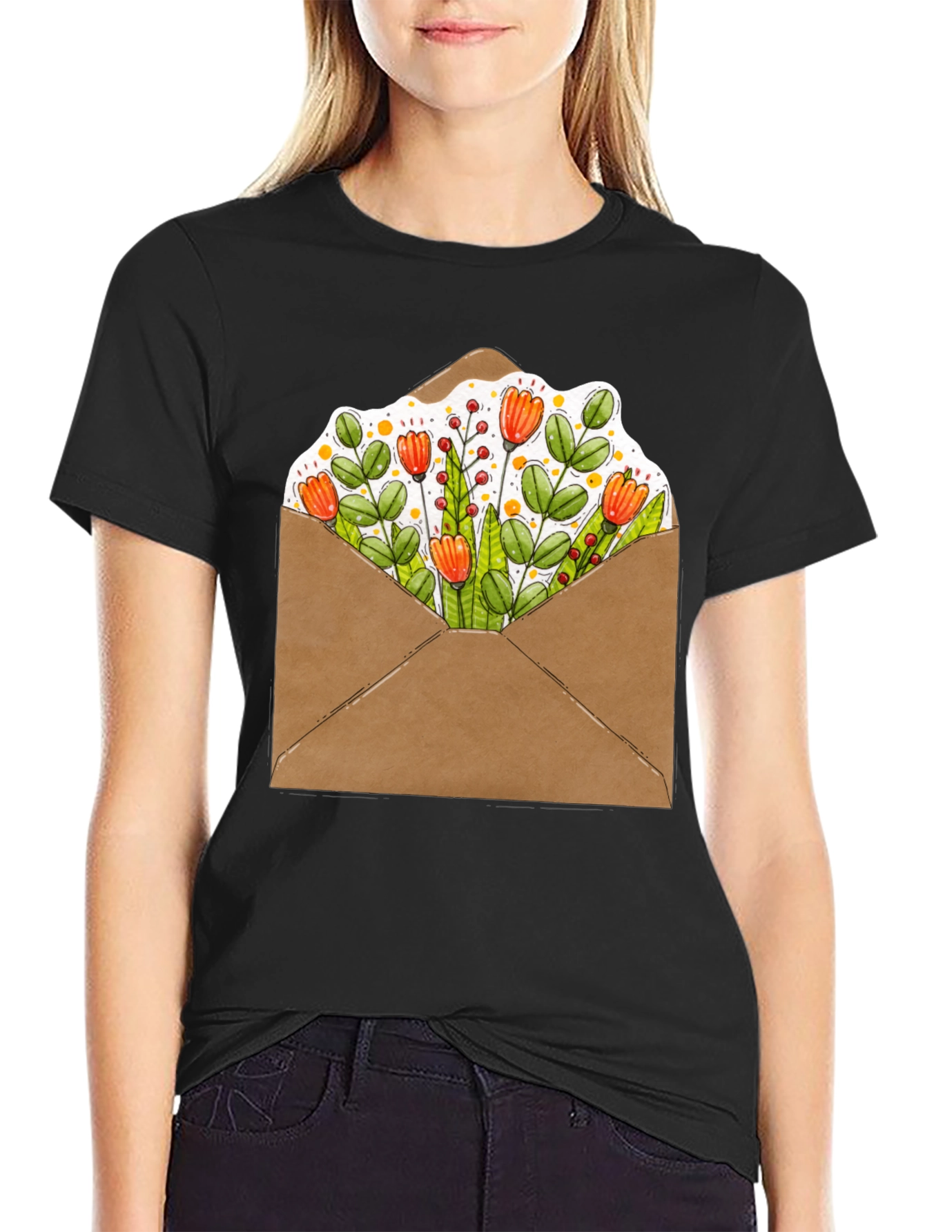 Black Floral Envelope Graphic Tee - Trendy Unisex T-Shirt view 2