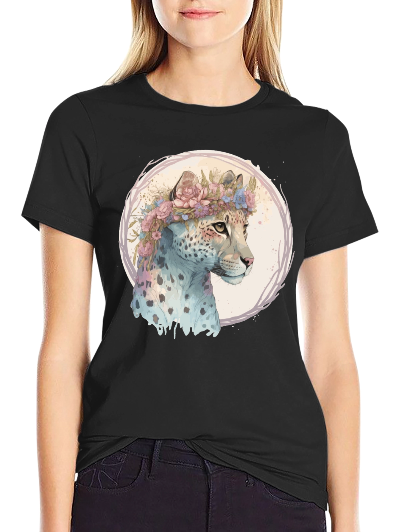 Black Floral Leopard Graphic Tee - Artistic Style view 2