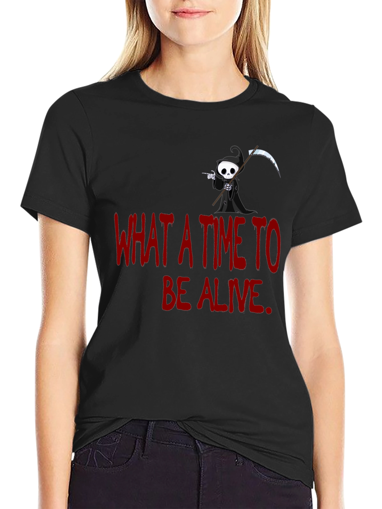 Black Grim Reaper Graphic T-Shirt - "What A Time To Be Alive" view 2