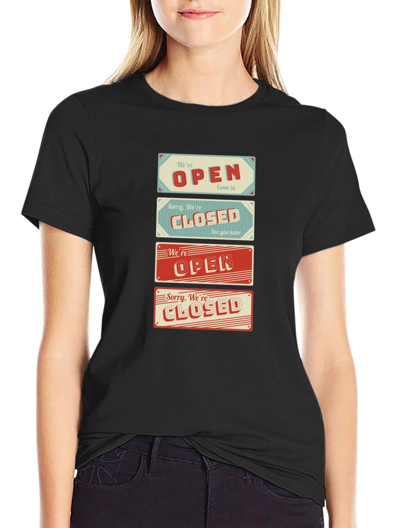 Black Open/Closed Sign T-Shirt - Novelty Graphic Tee view 2