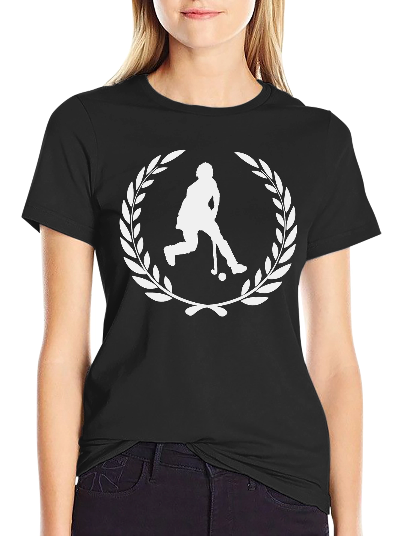 Black Hockey Player Laurel Wreath Graphic Tee - Black view 2