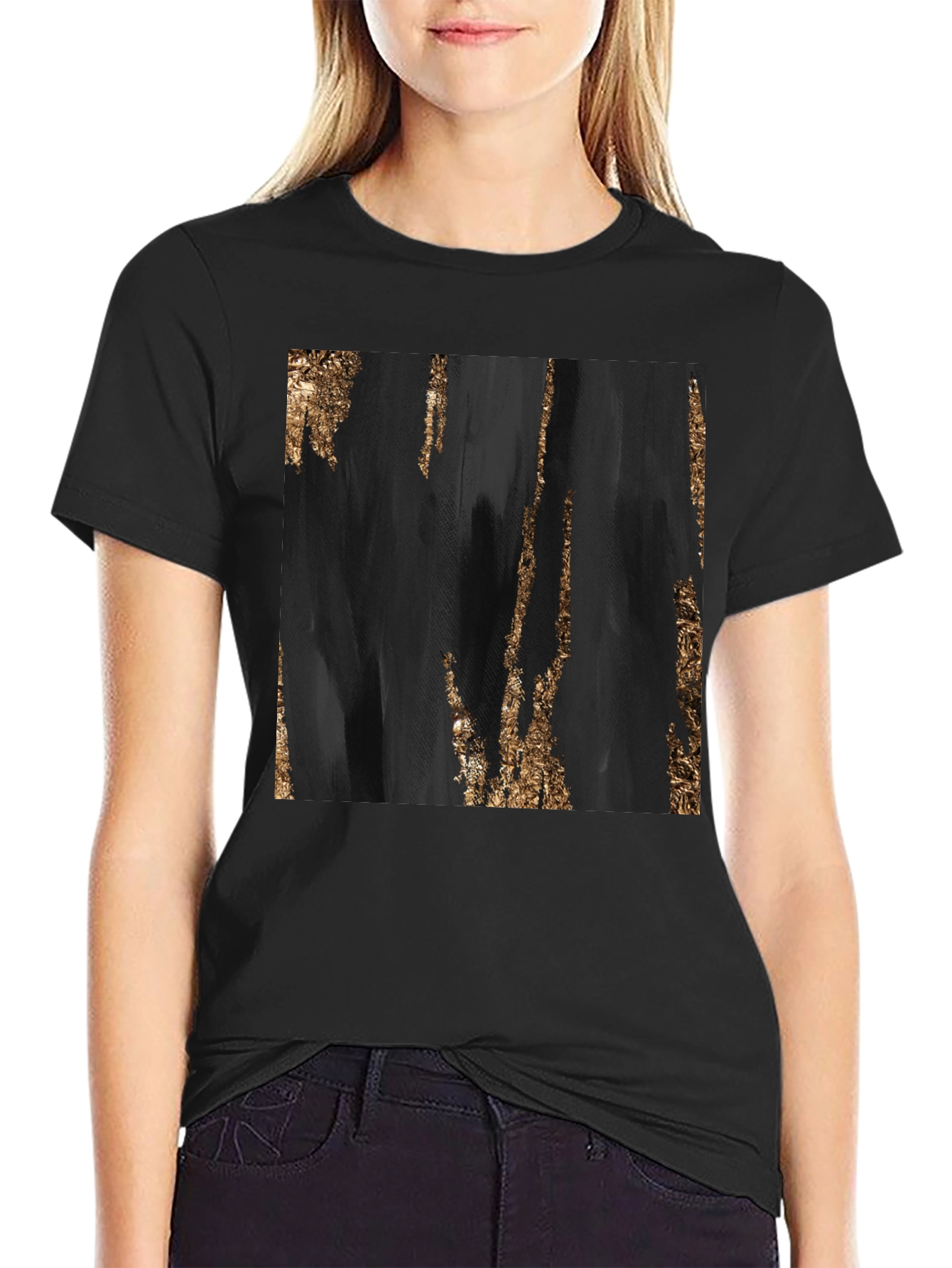 Black Abstract Gold Foil Print Black T-Shirt view 2