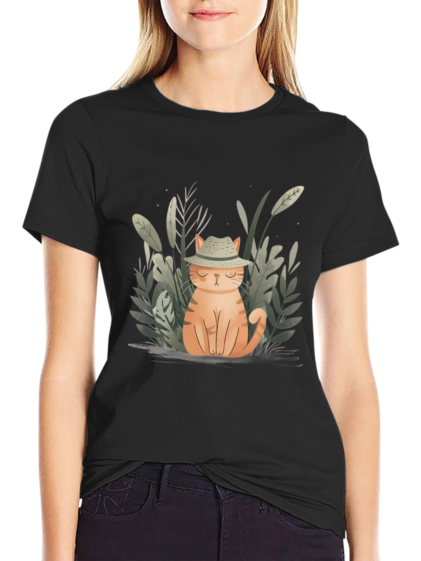Black Cute Cat in Hat Graphic Tee - Unisex Black T-Shirt view 2