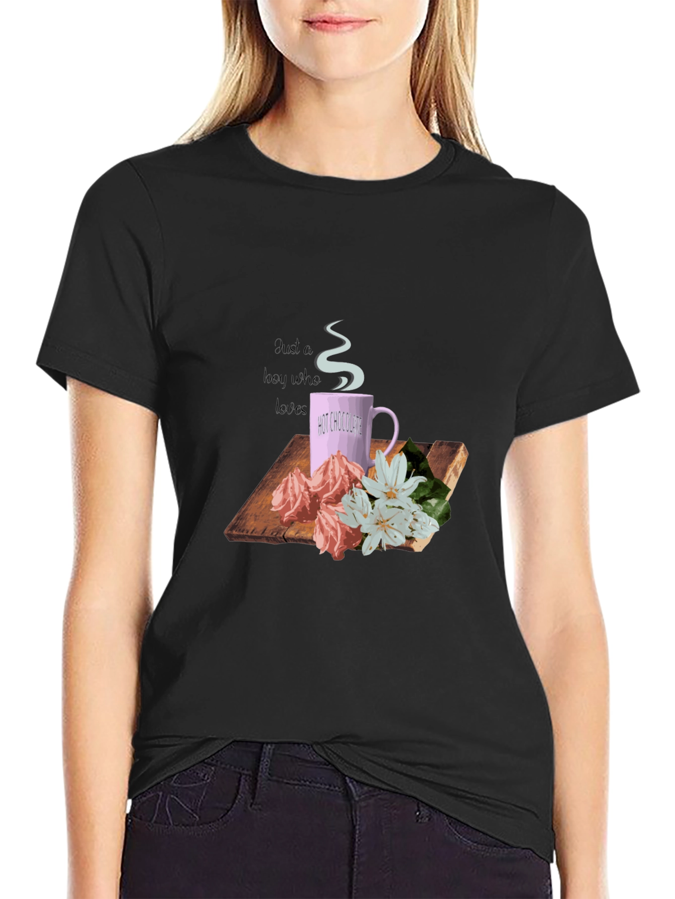 Black Hot Chocolate & Flowers Graphic Tee - Black view 2
