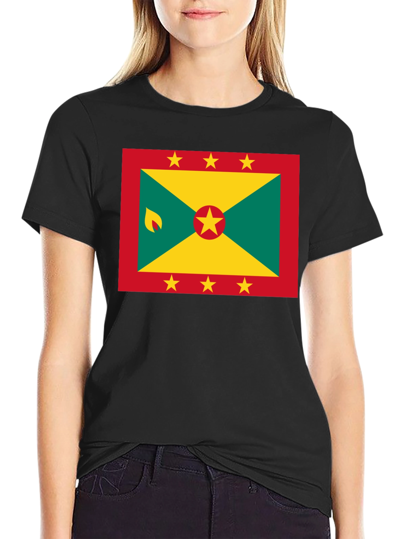 Black Grenada Flag T-Shirt - Black Crew Neck view 2