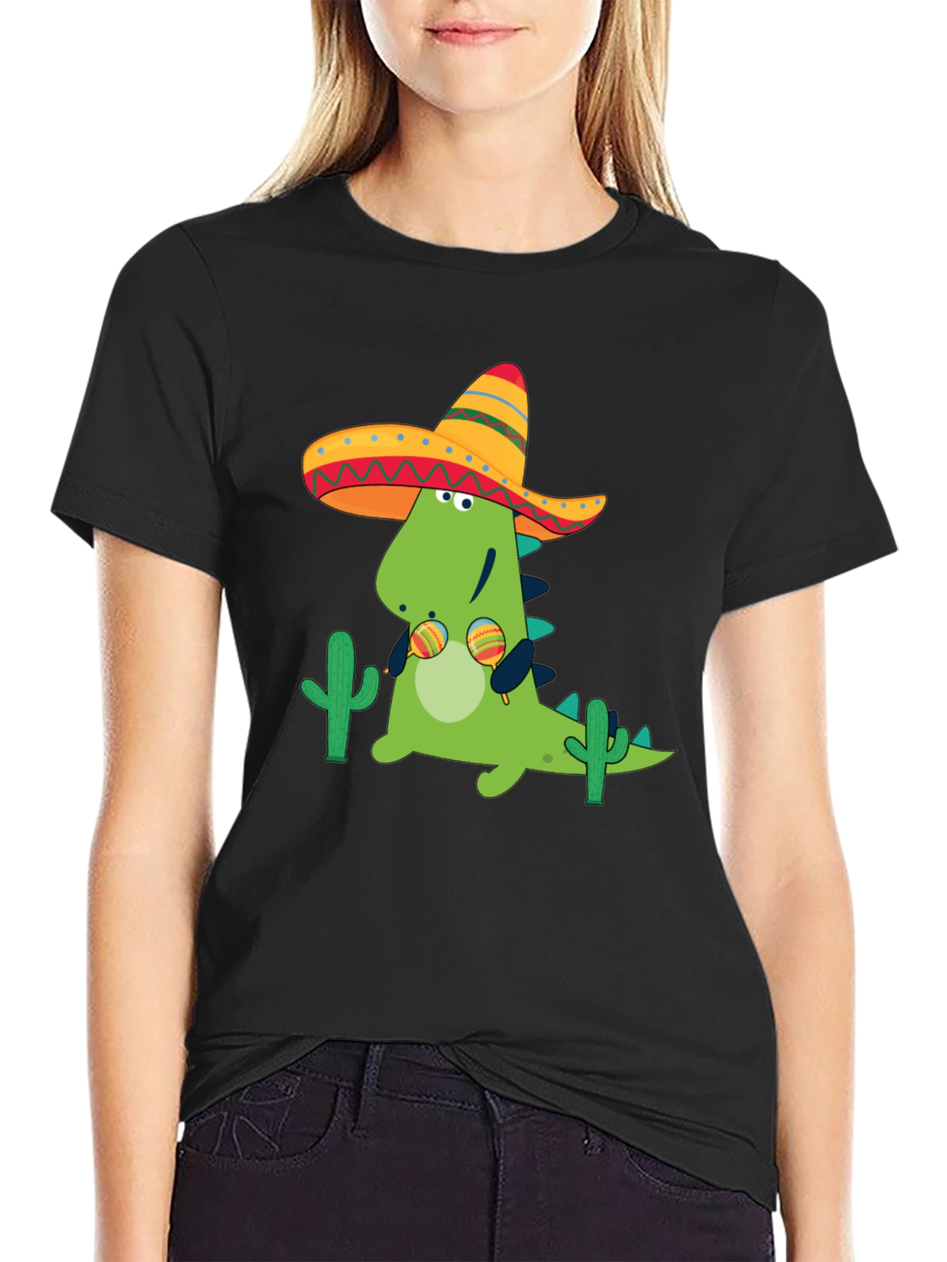 Black Dino Fiesta Black T-Shirt - Maracas & Sombrero view 2