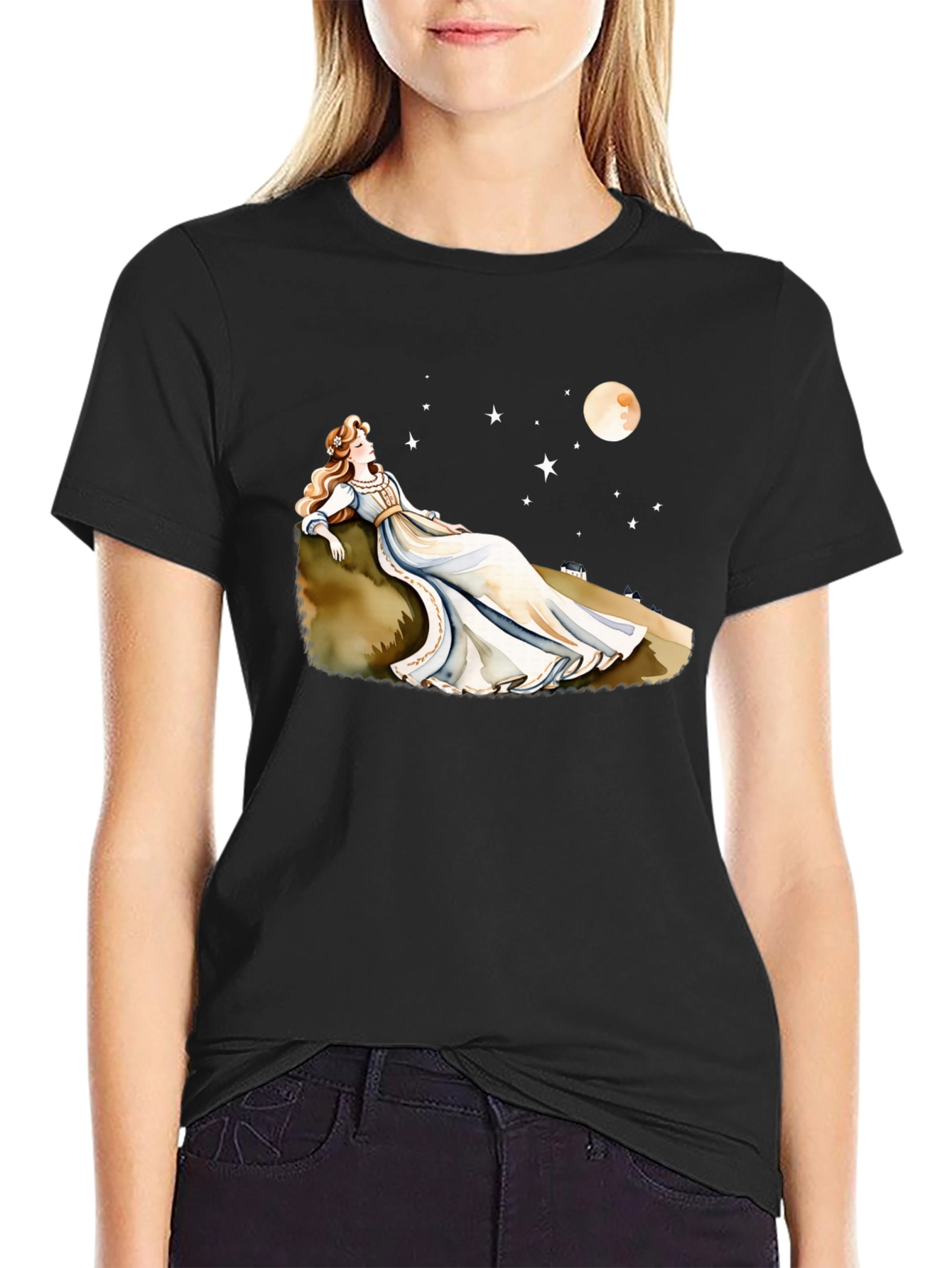 Black Dreamy Night T-Shirt - Woman, Moon & Stars view 2