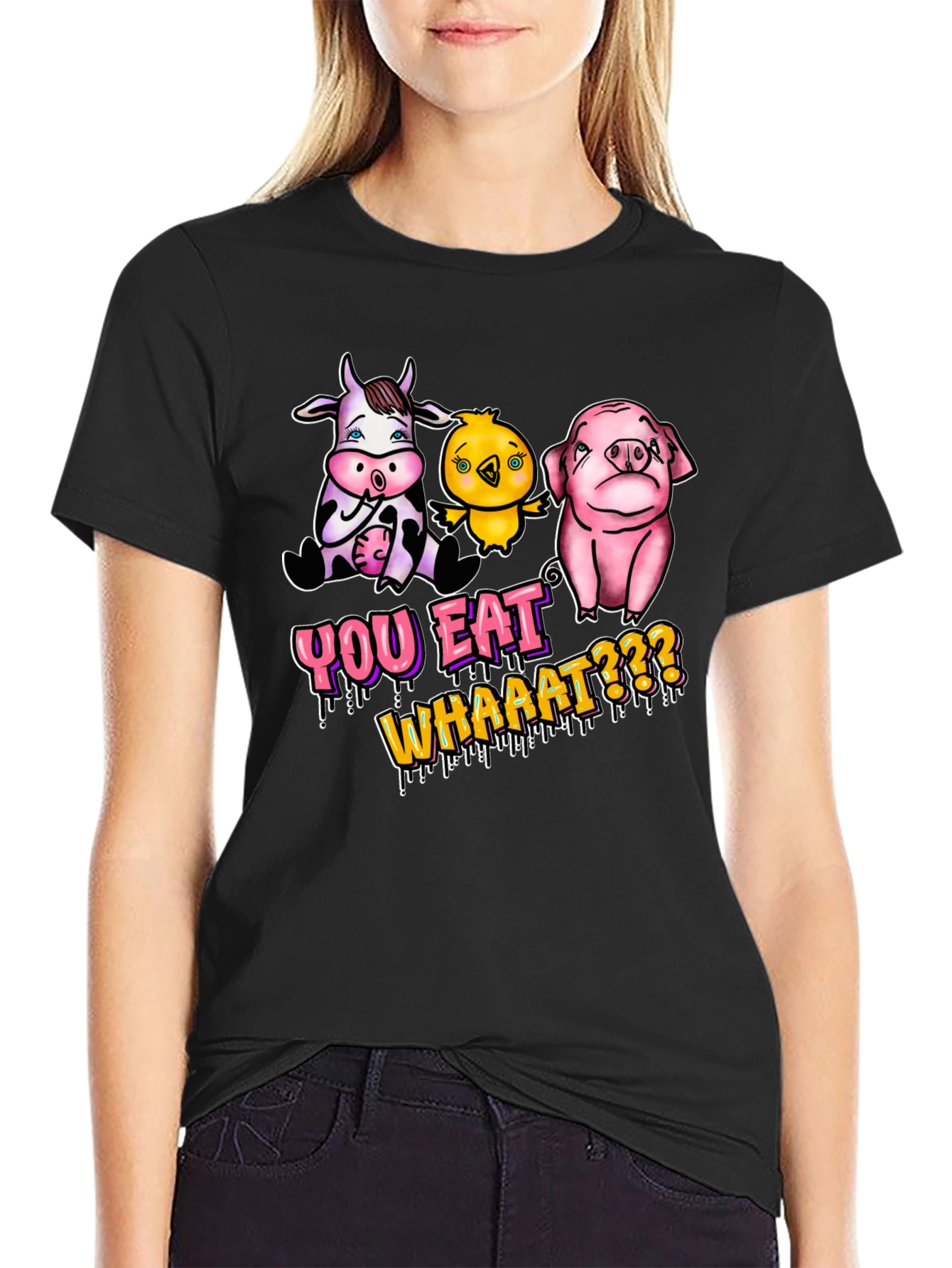 Black Vegan T-Shirt: You Eat Whaaat??? Funny Animal Design view 2